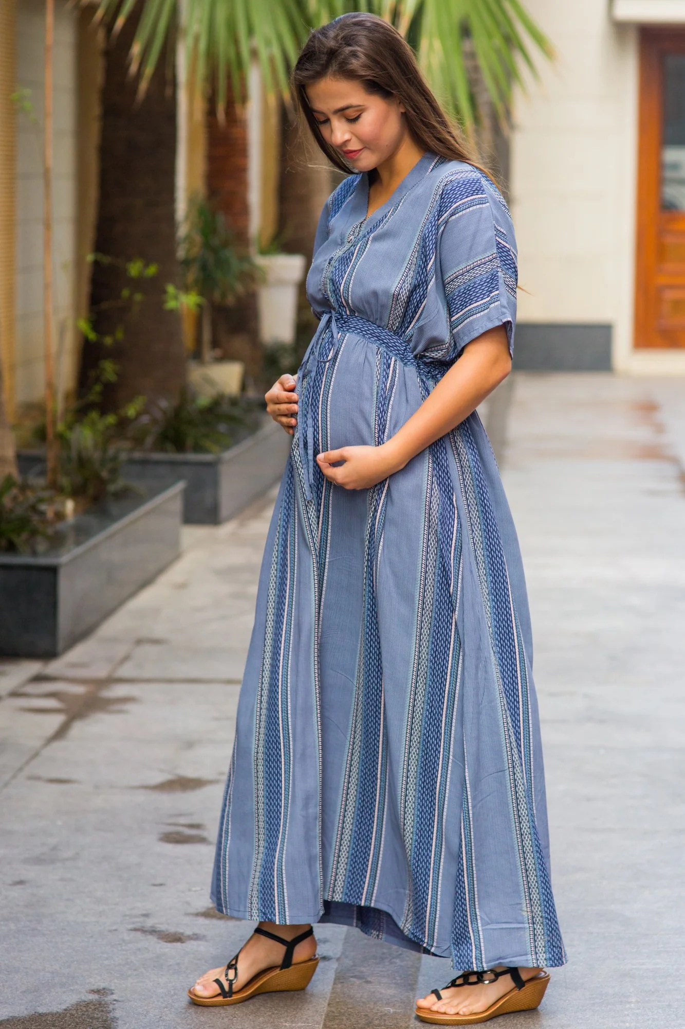 Set of 2 - Kimono Indigo Stripe Delivery Gown + Matching Baby Swaddle - Chenance