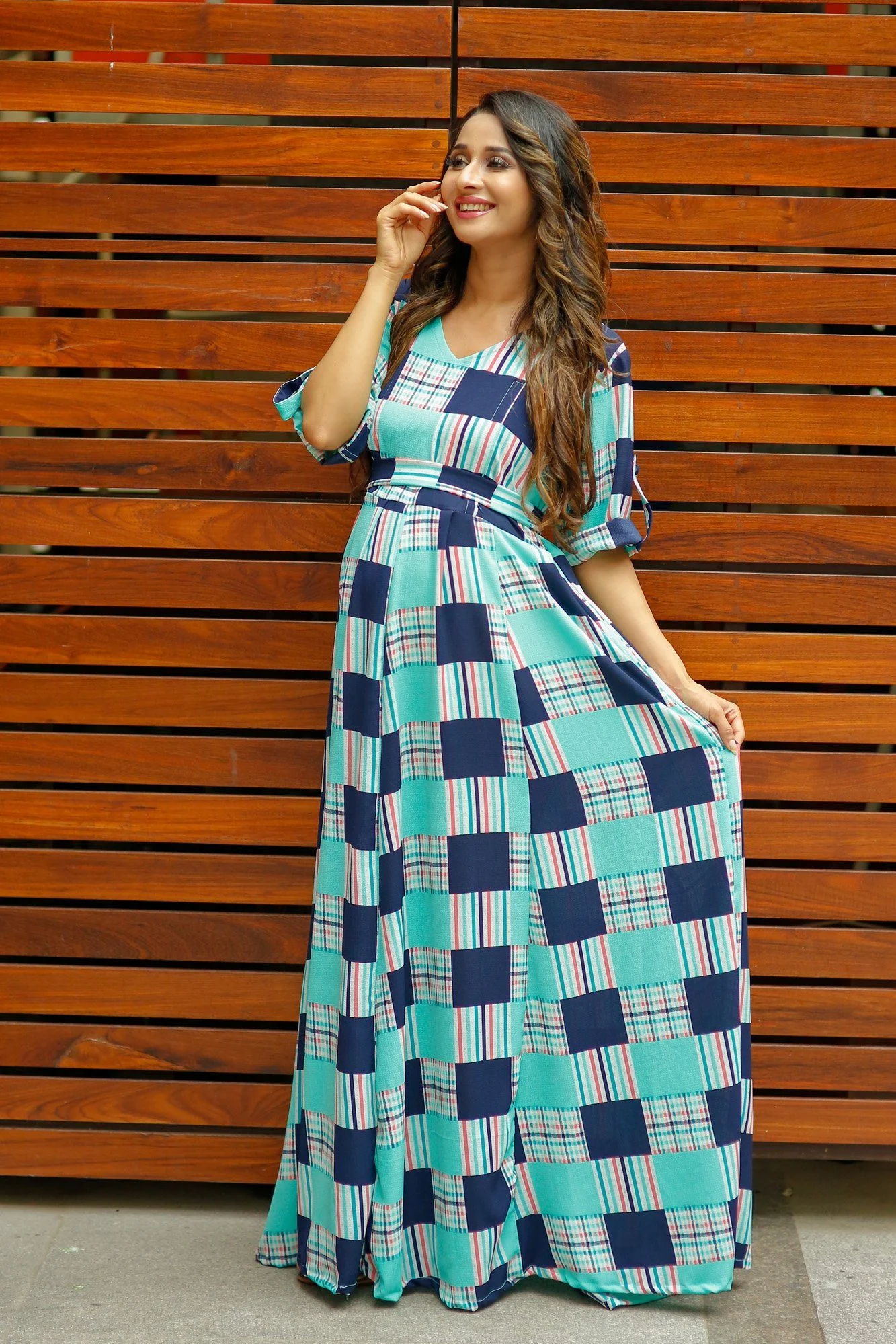 Green Check Concealed Zips Maternity & Nursing Maxi Dress - Chenance