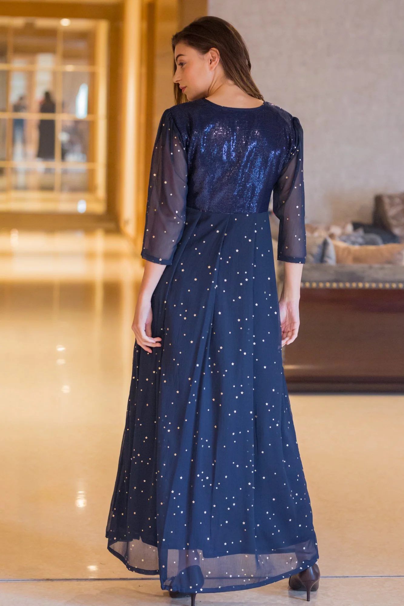 Starry Blue Silver Sequin Maternity & Nursing Dress - Chenance