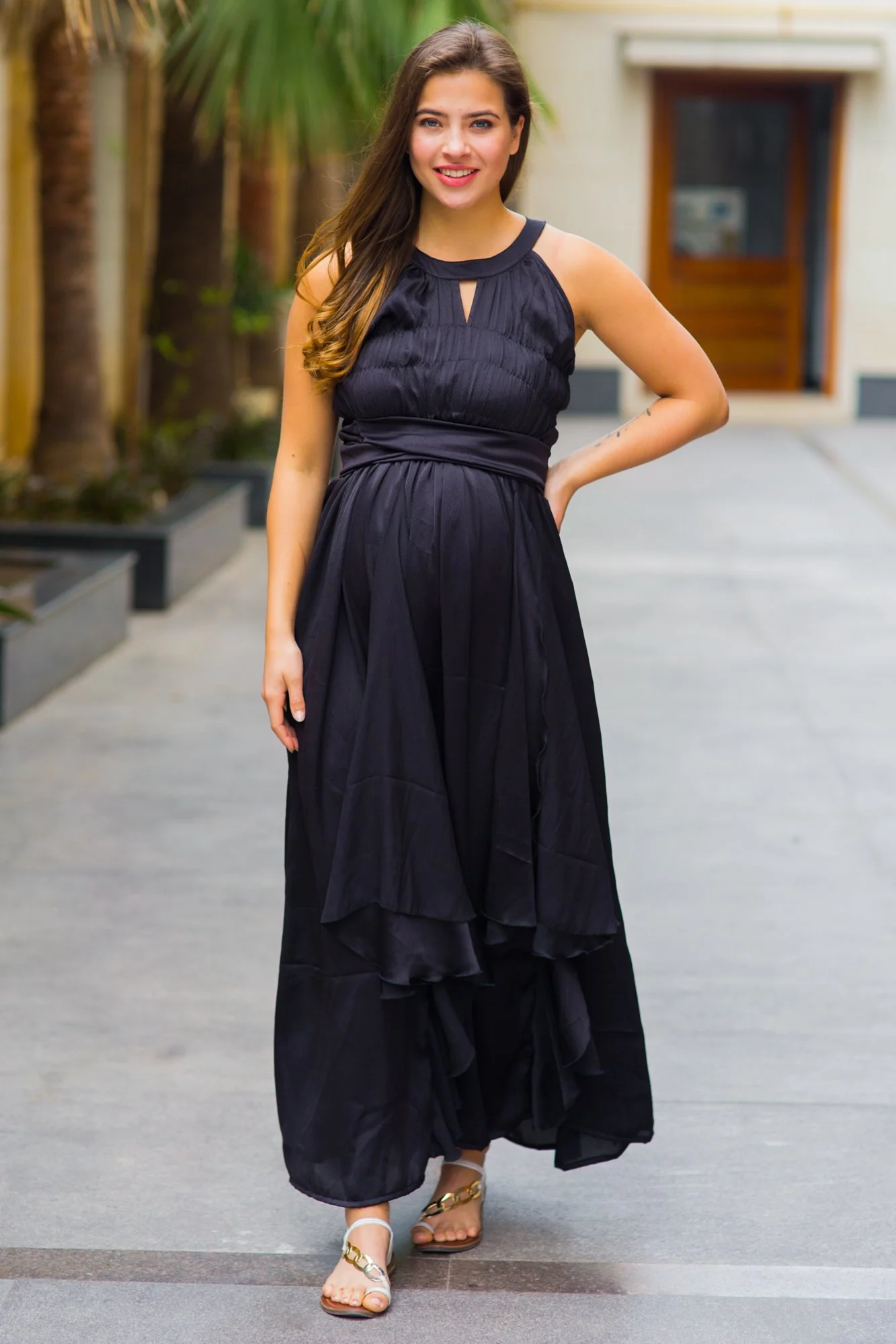 Luxe Noir Ruching Maternity Flow Dress - Chenance