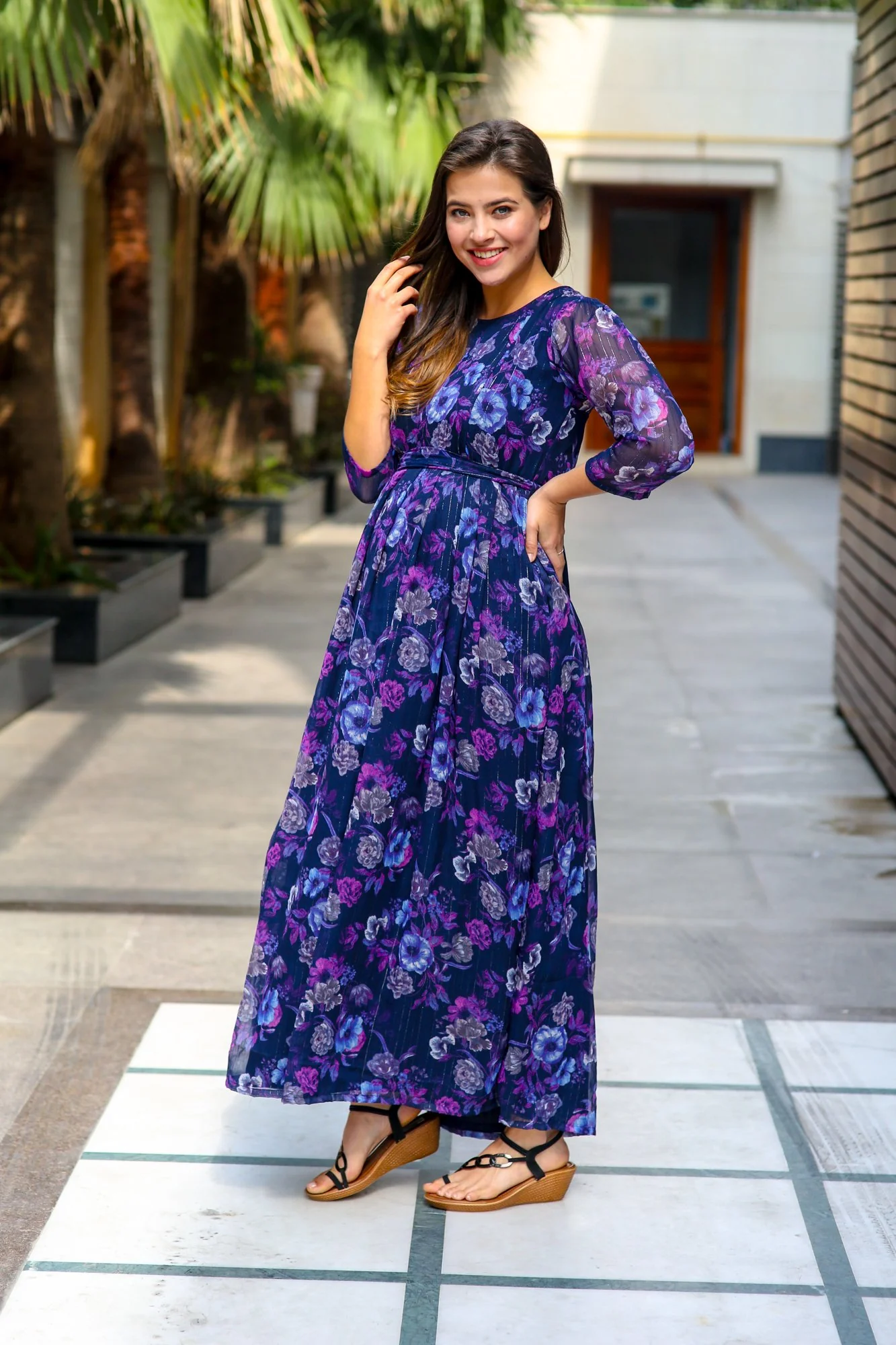 Luxe Chiffon Violet Floral Maternity & Nursing Dress - Chenance