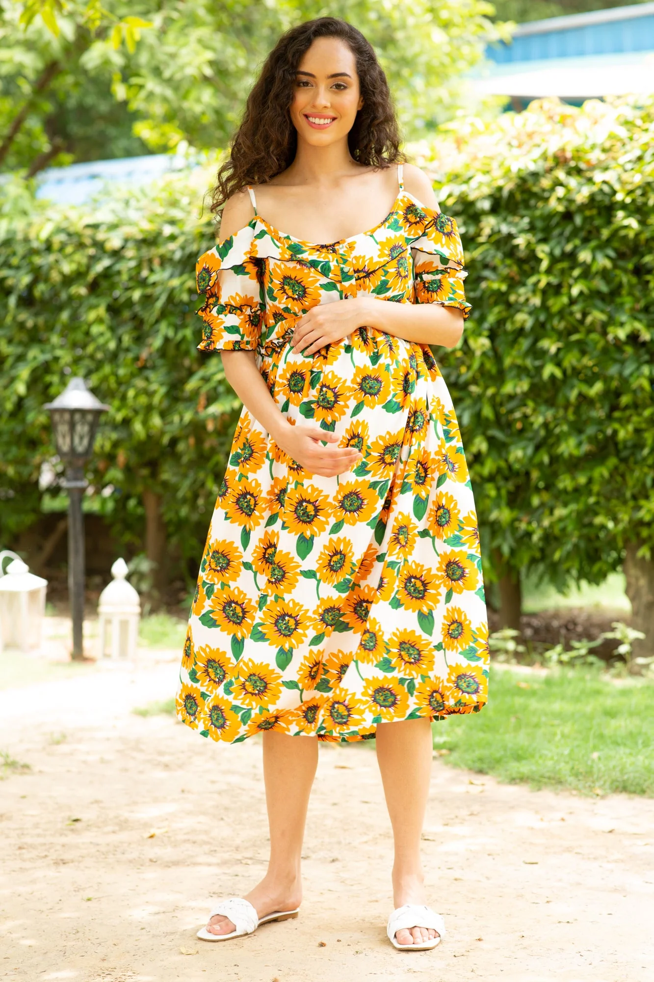 Merry Blossom Yellow Off Shoulder Front Zip Maternity & Nursing Dress - Chenance