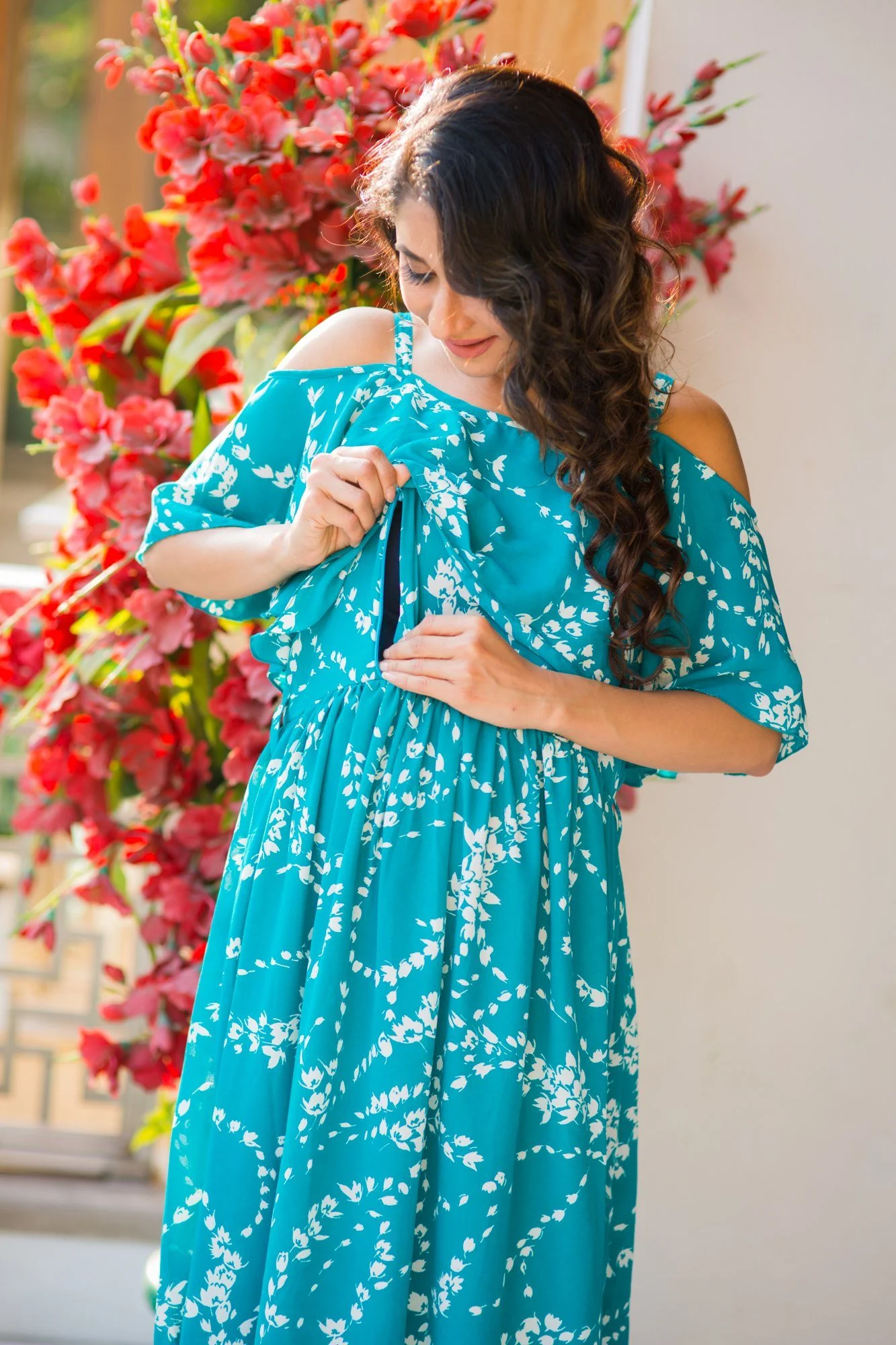 Teal Leafy Cold Shoulder Maternity & Nursing Maxi Dress - Chenance