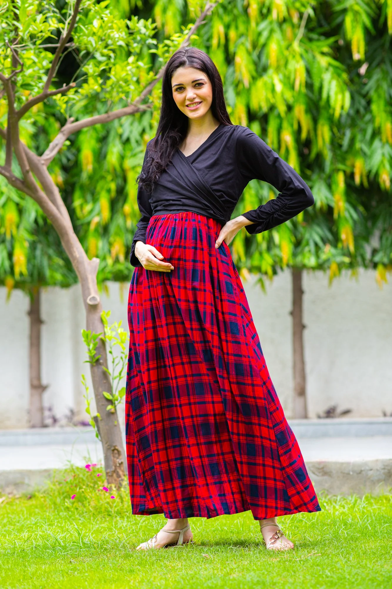 Elegant Red Check Maternity & Nursing Wrap Dress - Chenance