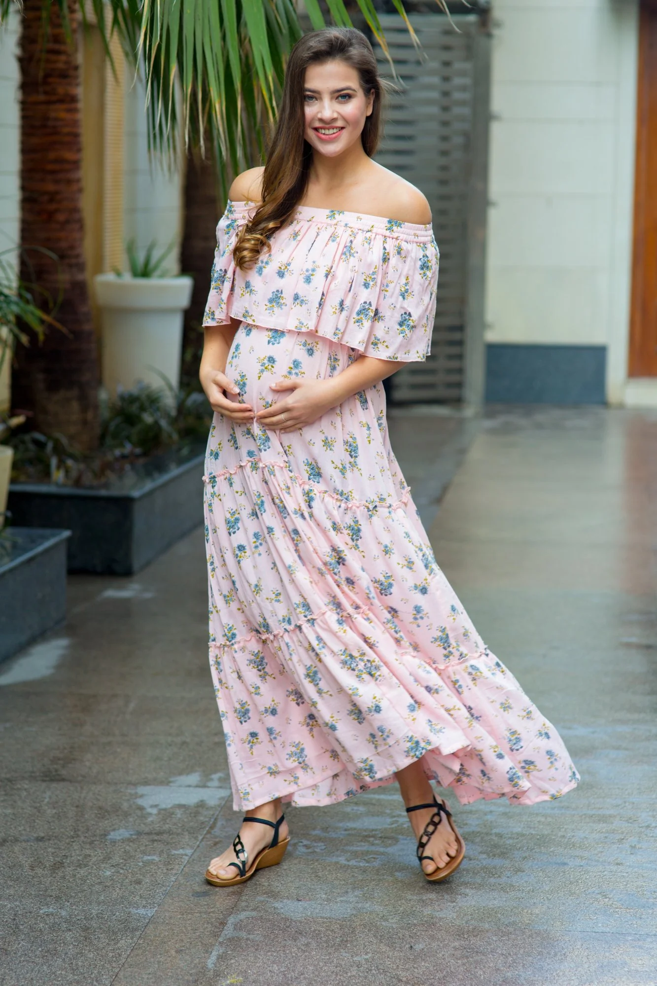 Pastel Rose Peach Off-Shoulder Maternity Maxi - Chenance