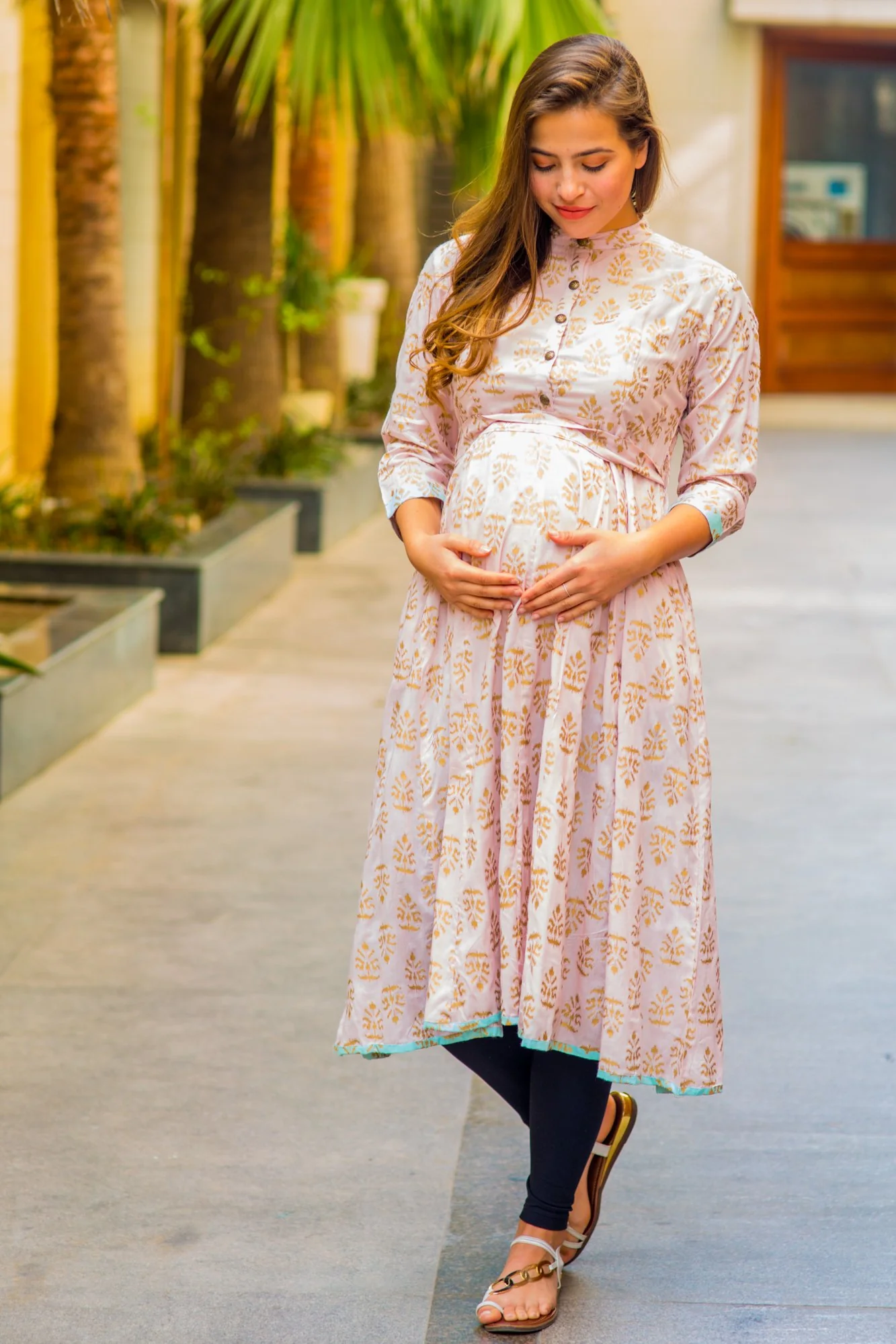 Pastel Pink Gold Block Print Silk Maternity & Nursing Kurta - Chenance