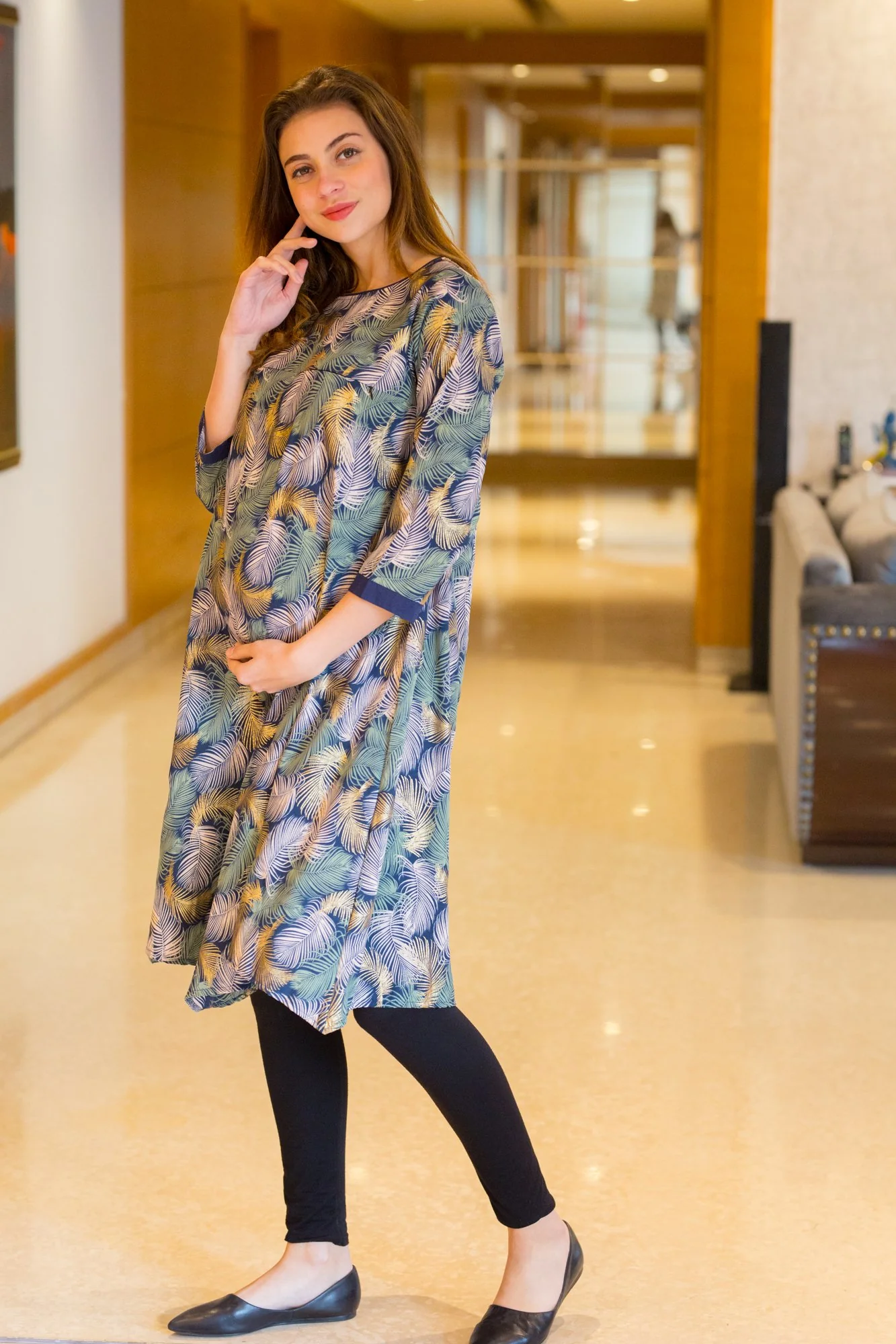 Embellished Leafy Maternity & Nursing Horizontal Zip Dress - Chenance