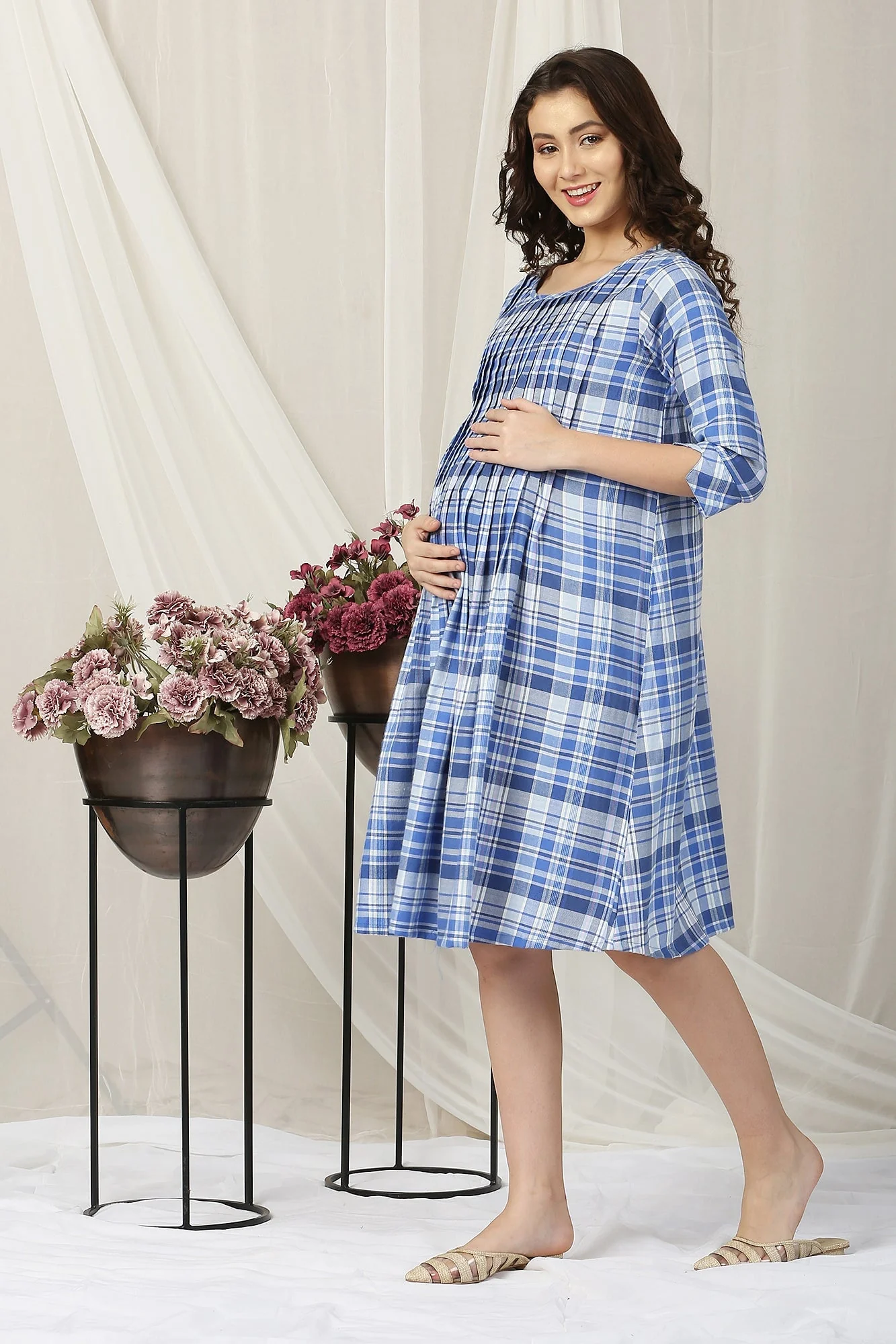 Blue Checks Maternity & Nursing Pintuck Dress - Chenance