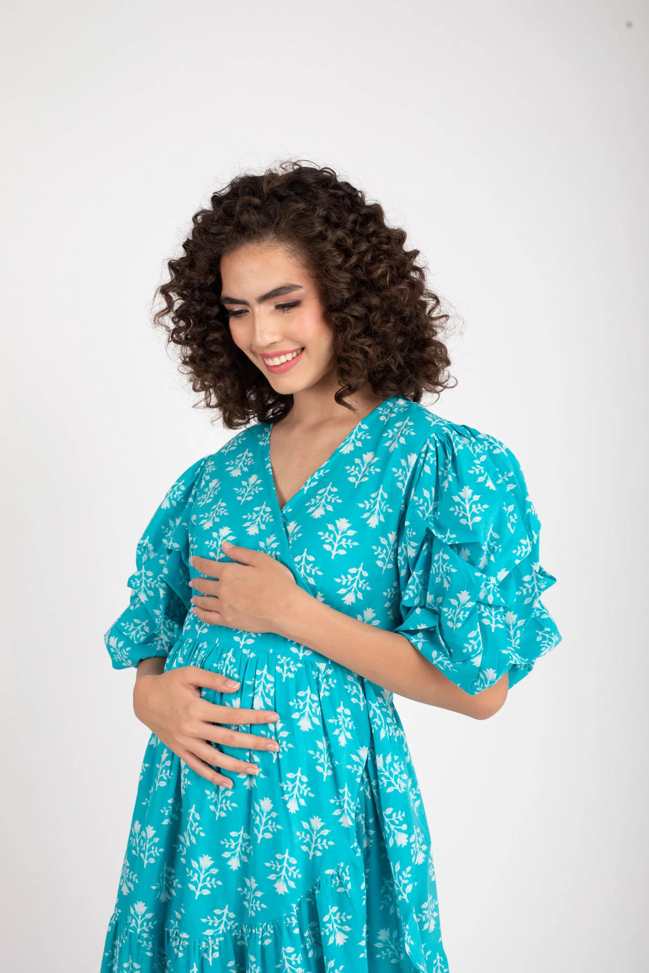 Love Iris Blue Maternity & Nursing Frill Wrap Dress (100% Cotton) - Chenance