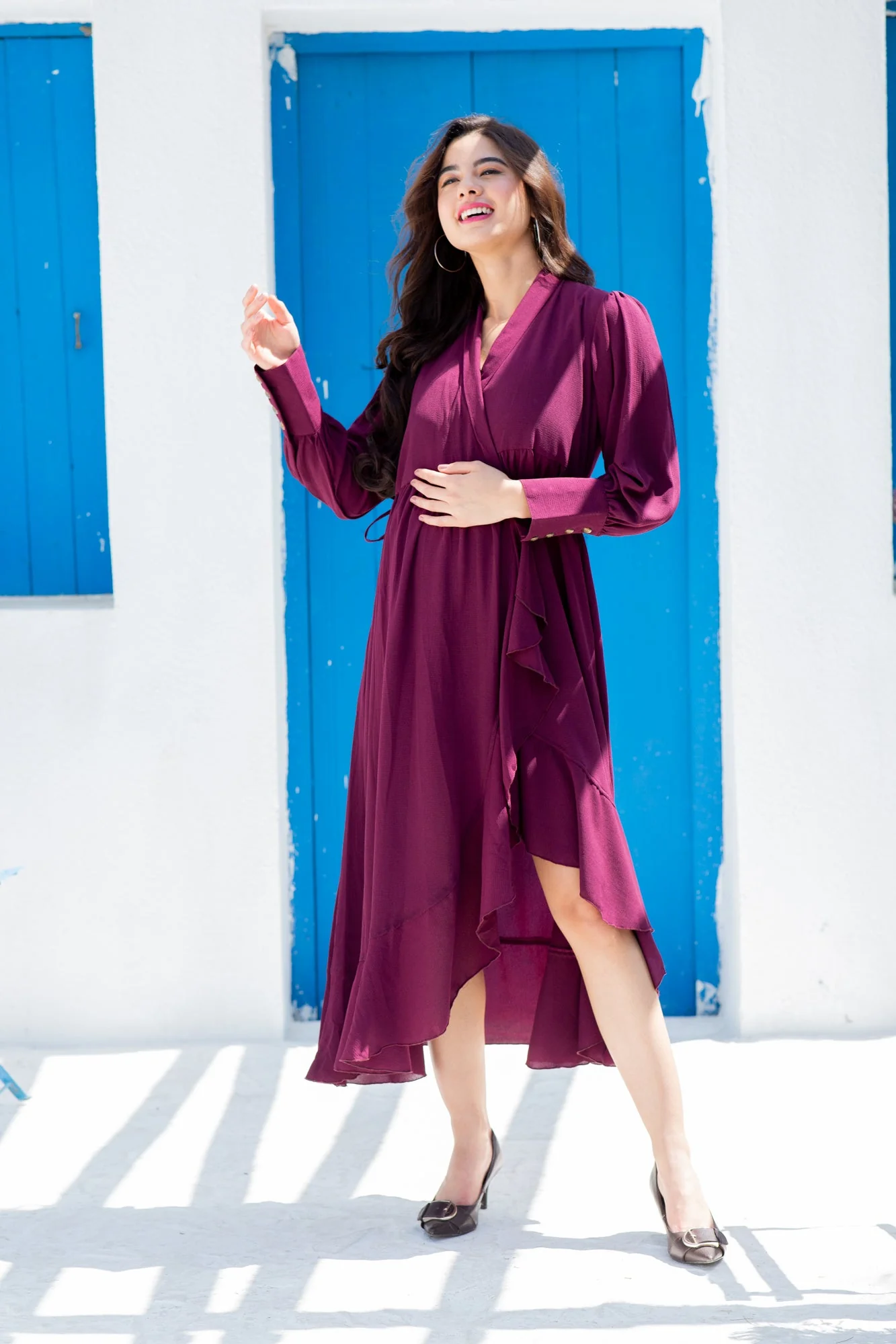 Pretty Wine Maternity & Nursing Hi-Low Frill Dress - Chenance