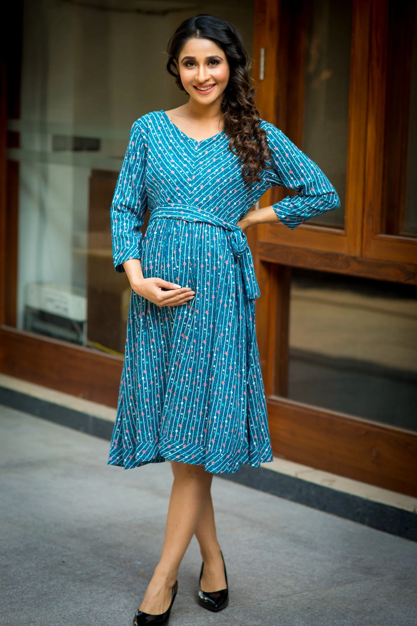 Starry Blue Striped Maternity & Nursing Front Zip Dress - Chenance