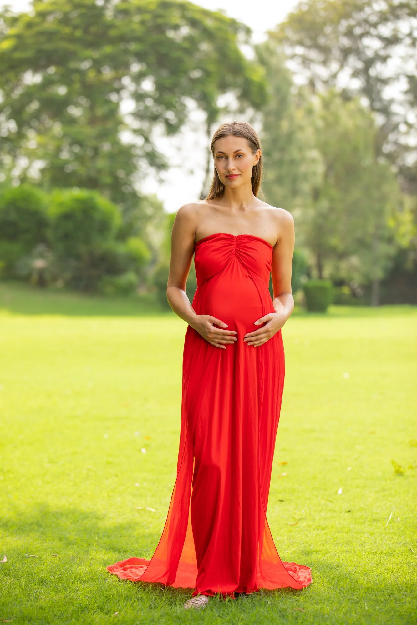 Luxe Cherry Red Off-Shoulder Trail Maternity Photoshoot Gown - Chenance