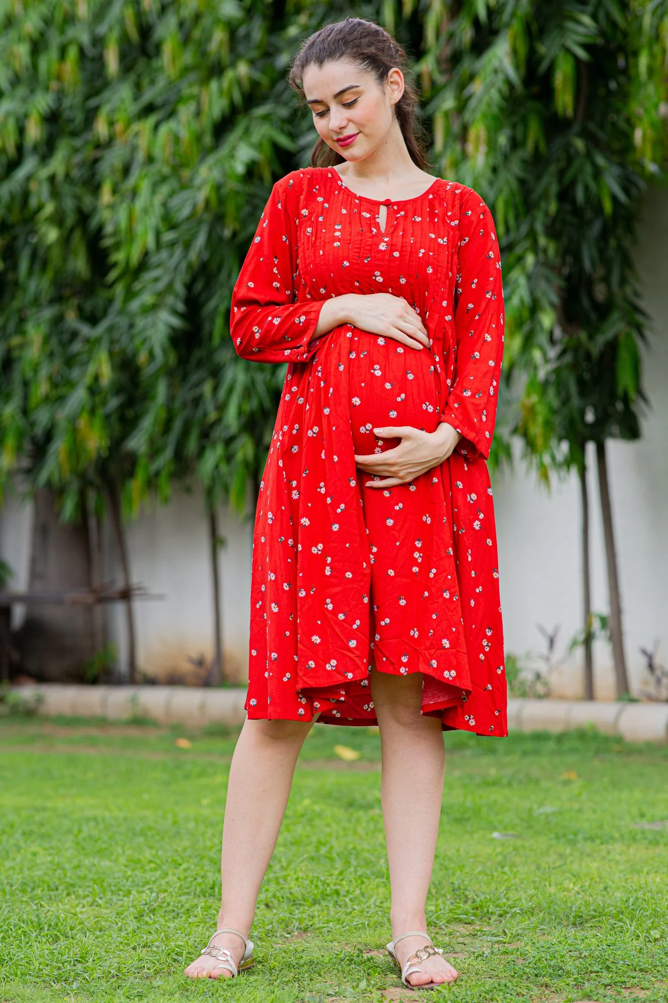 Crimson Red Maternity & Nursing Pintucks Dress - Chenance