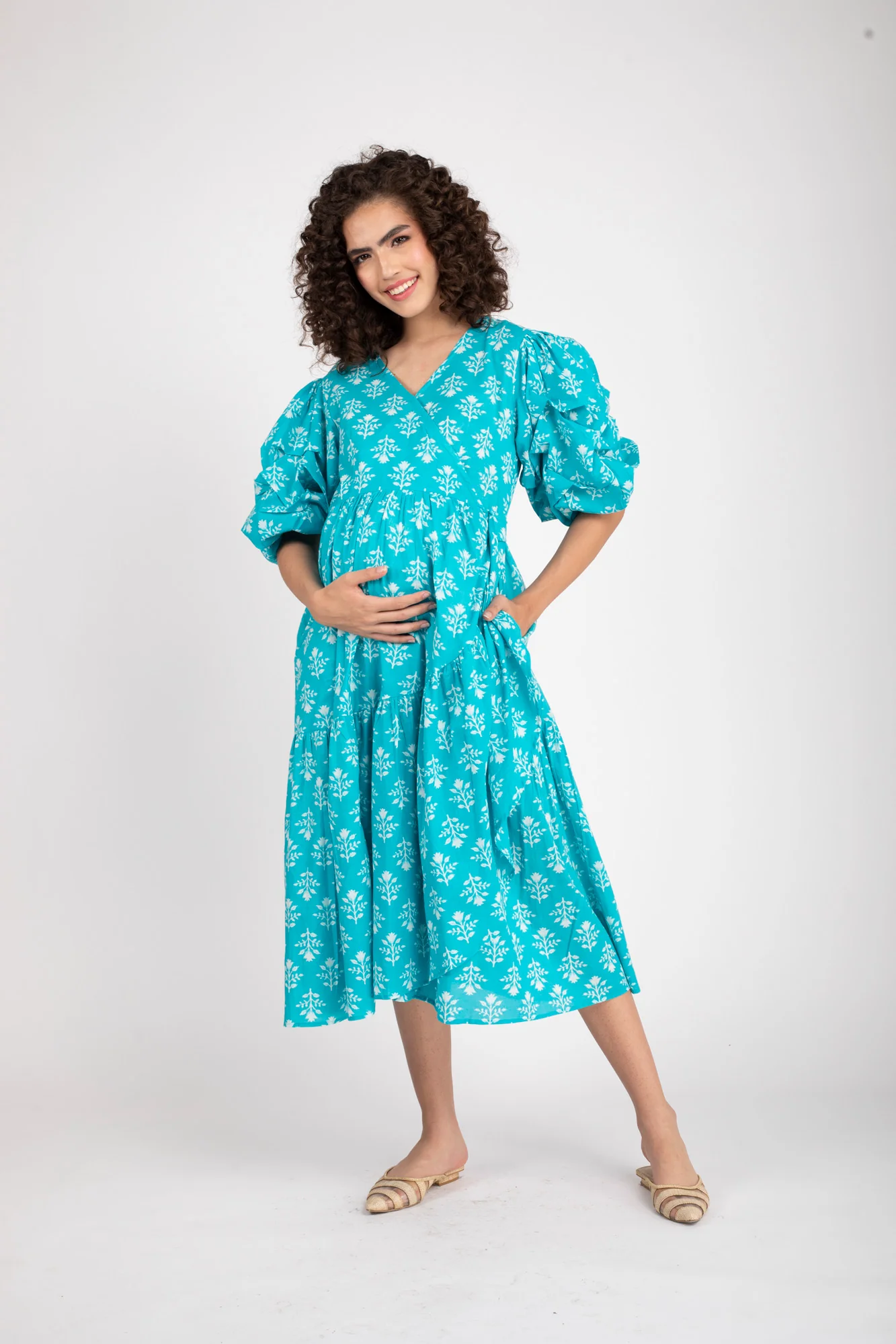 Love Iris Blue Maternity & Nursing Frill Wrap Dress (100% Cotton) - Chenance