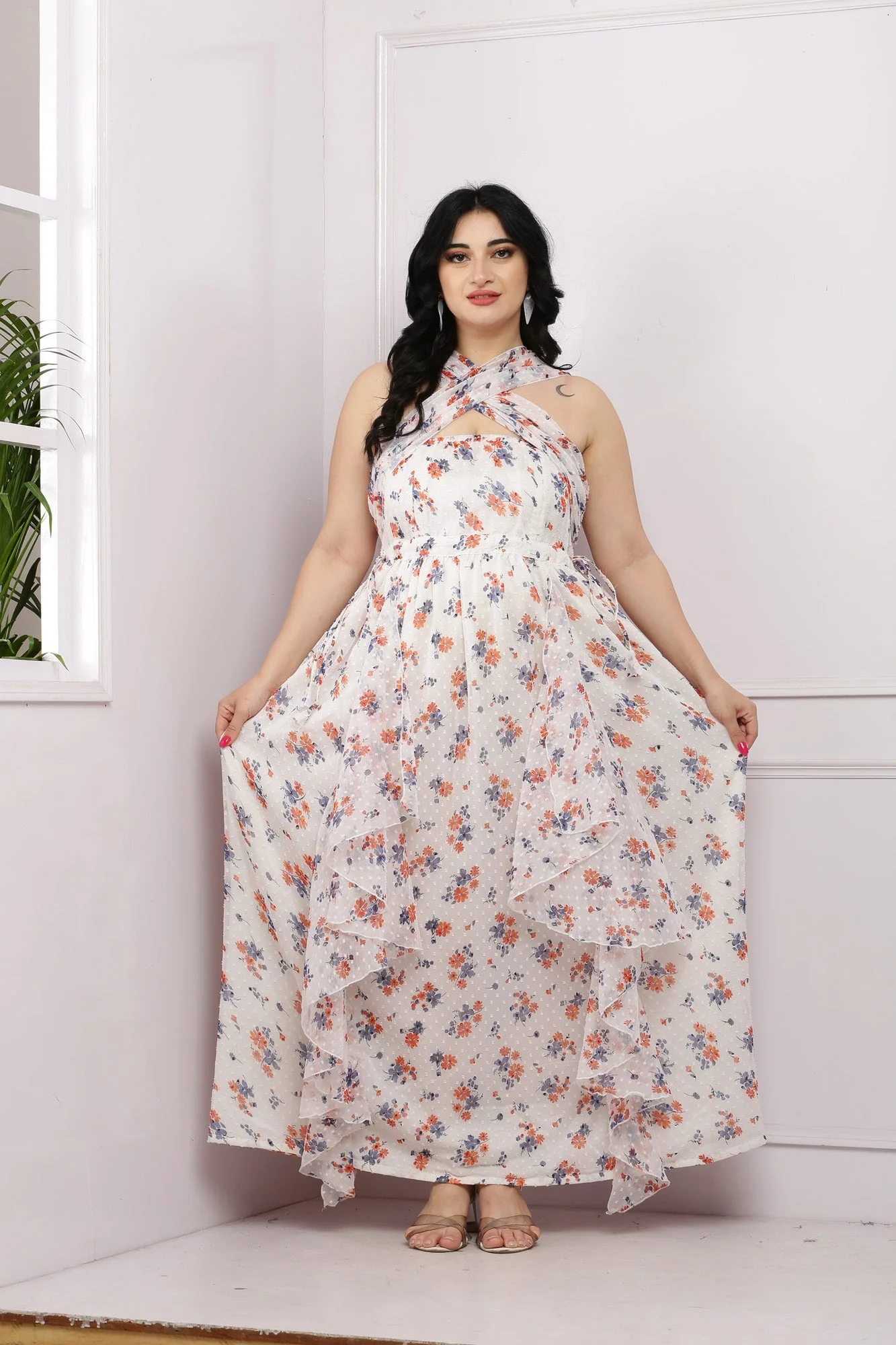 Classy Criss Cross Ivory Floral Maternity & Nursing Flow Dress - Chenance