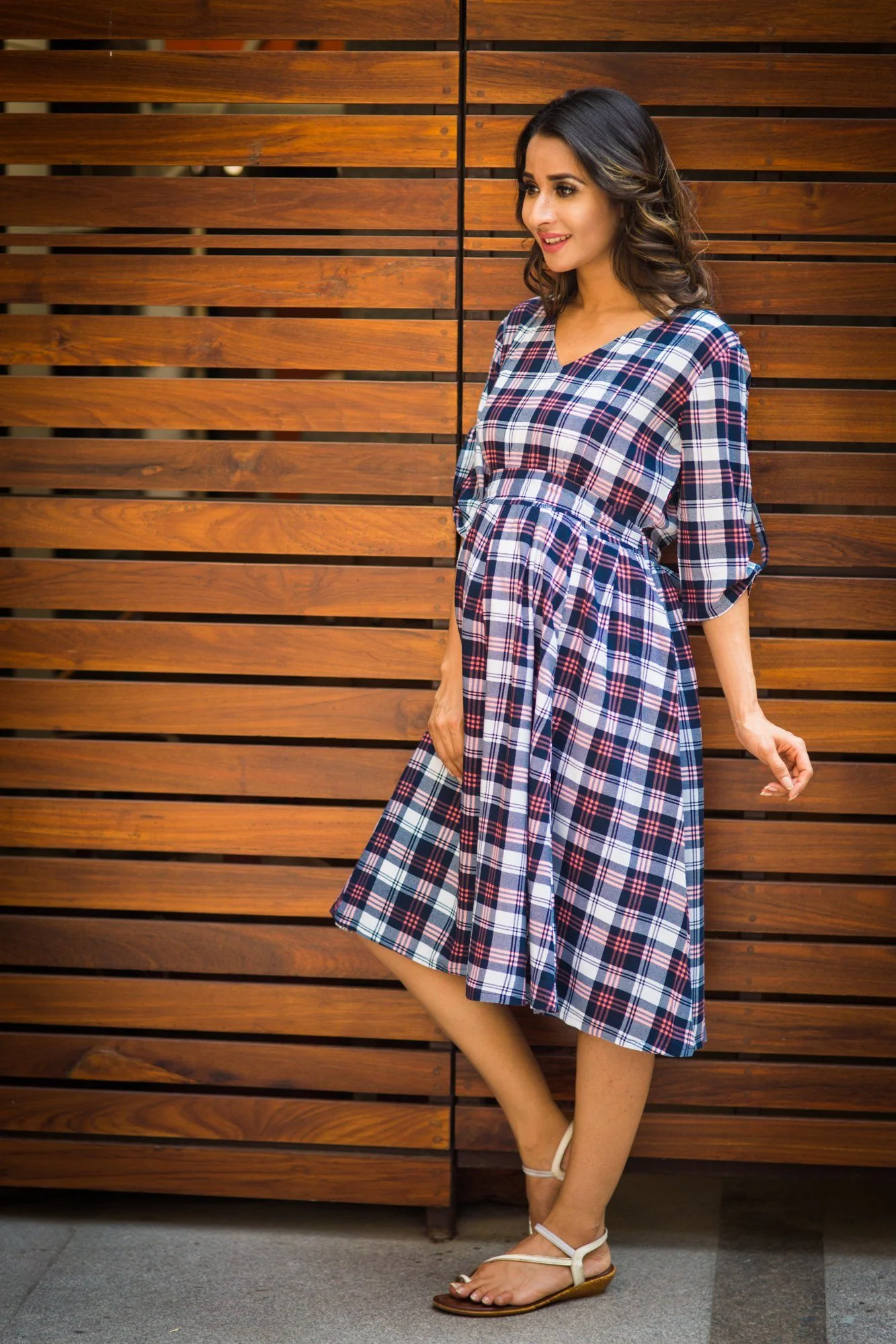Elegant Chic Blue Plaid Pintucks Maternity & Nursing Dress - Chenance