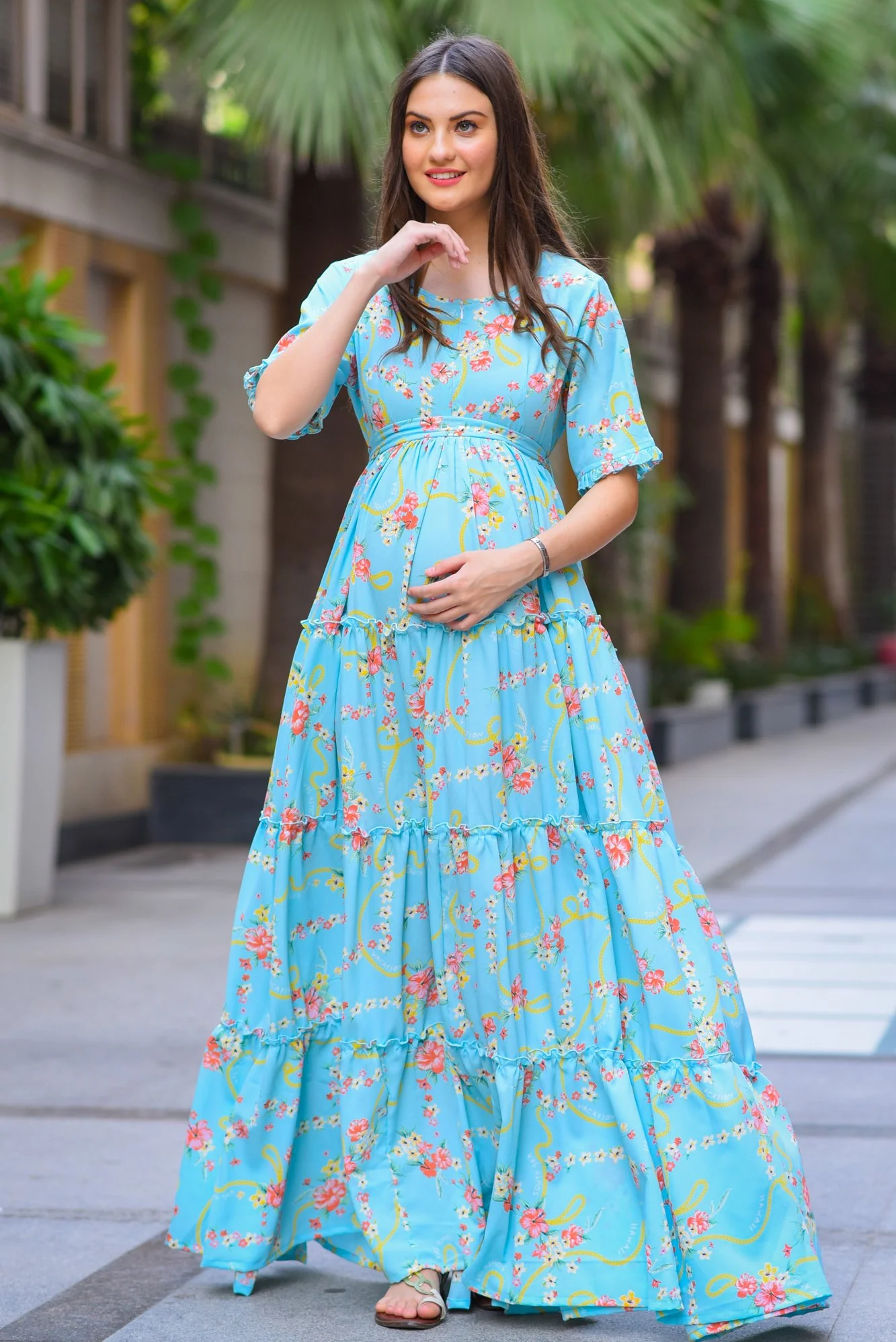 Hawaii Blue Frill Maternity & Nursing Dress - Chenance