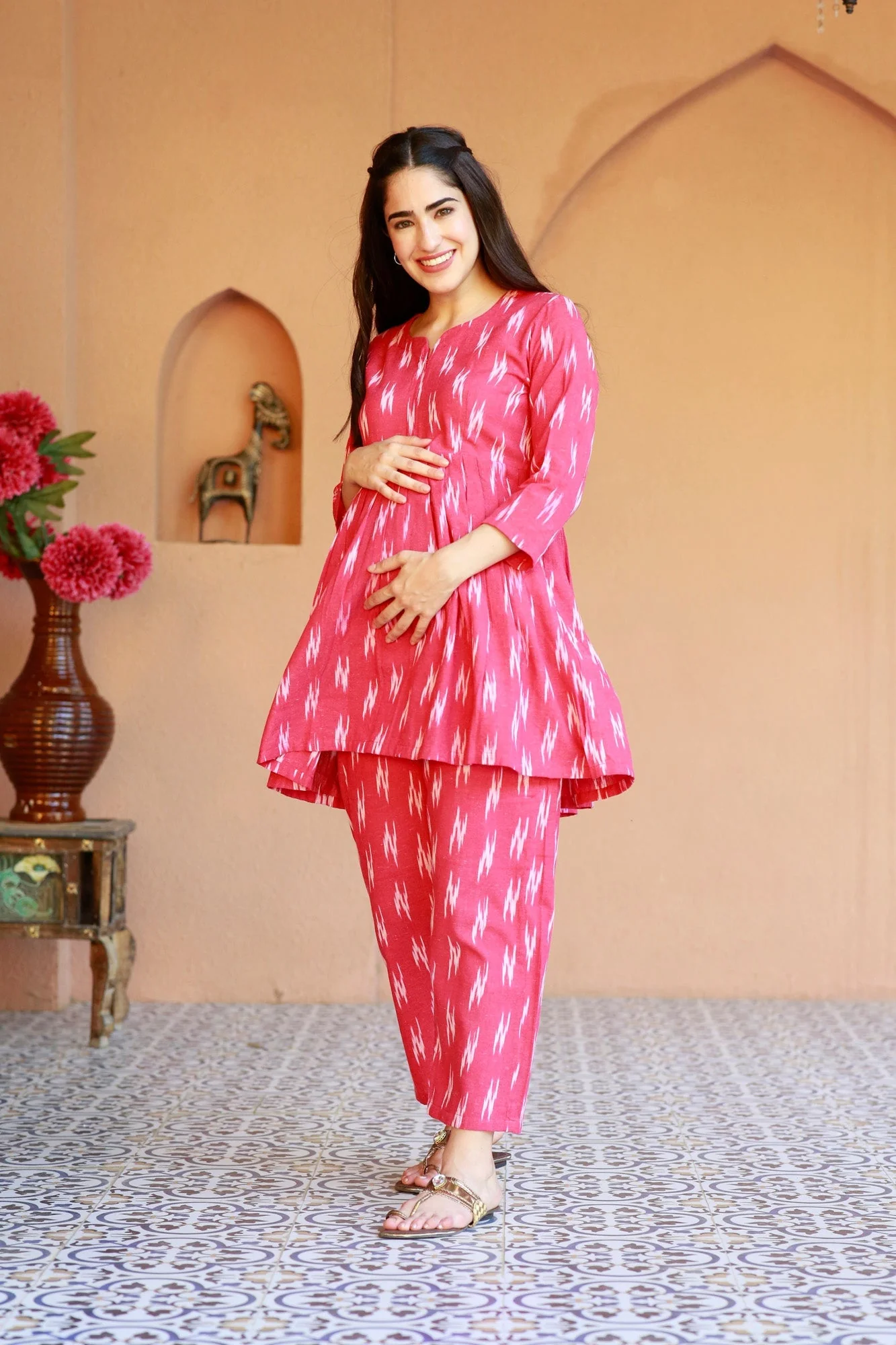 Homey Fuchsia Ikat Maternity & Nursing Lounge Coord Set (2Pc) (100% Cotton) - Chenance