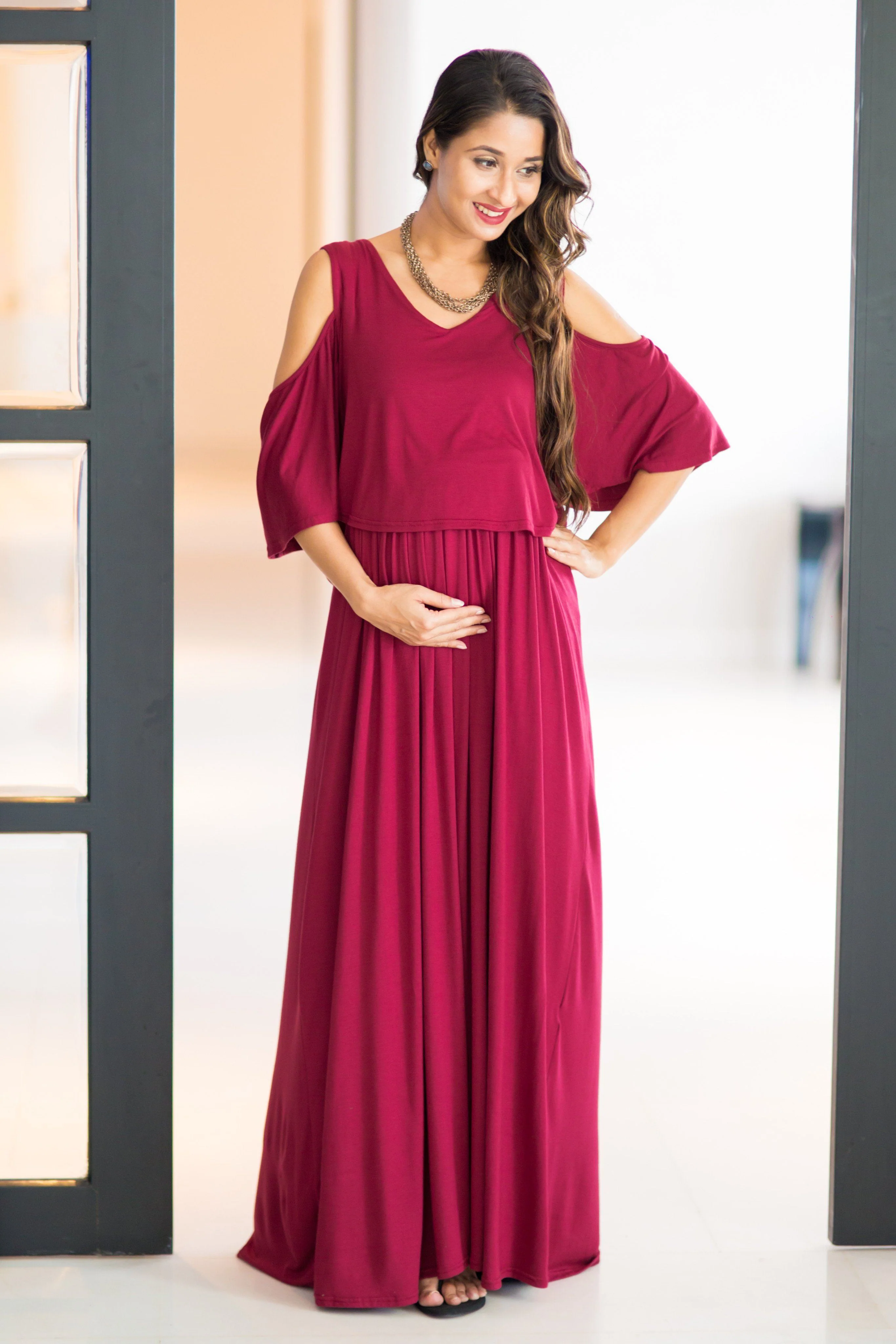 Burgandy Cold Shoulder Maternity & Nursing Maxi Dress - Chenance