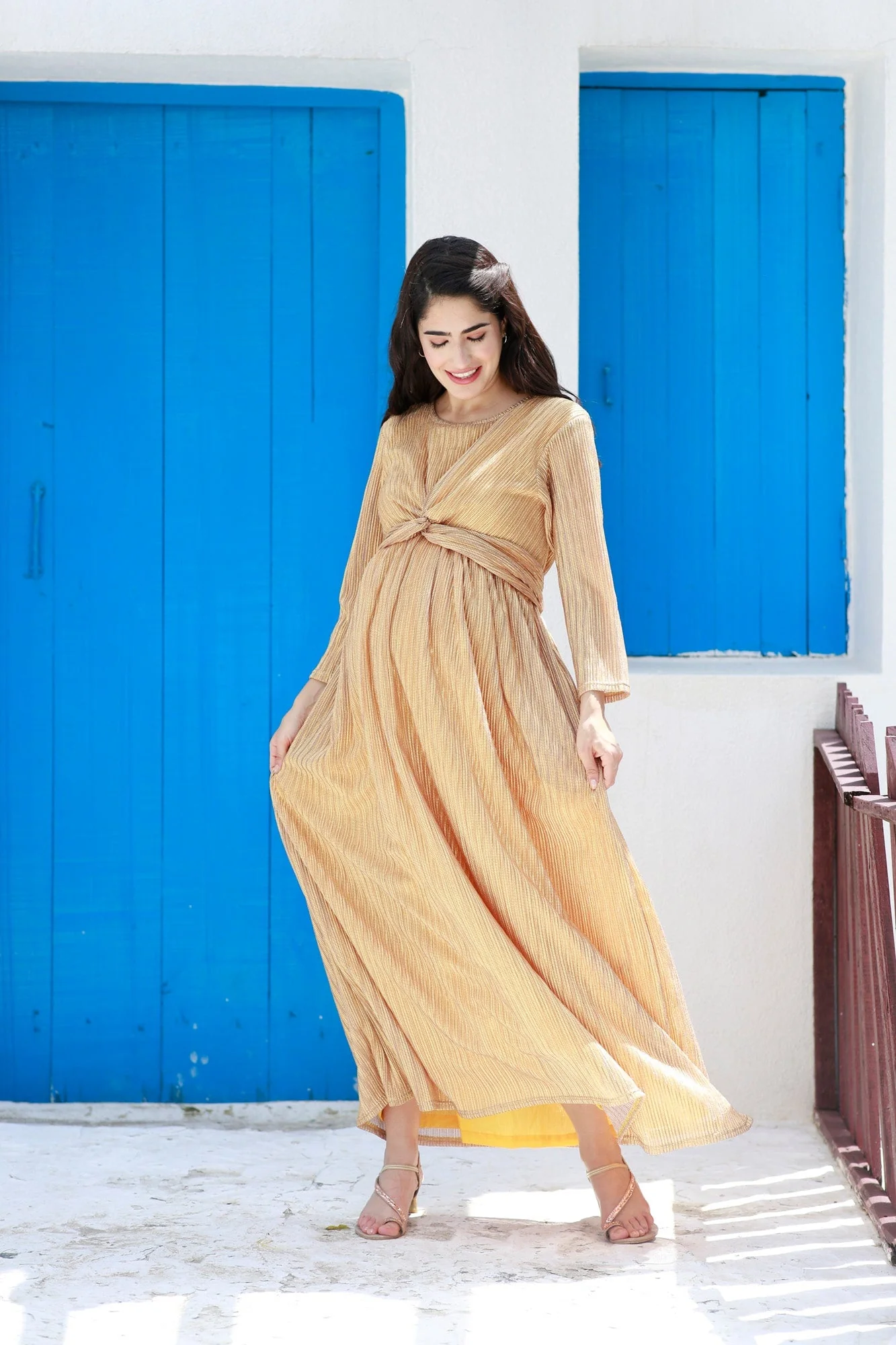 Luxe Golden Shimmery Maternity Knot Dress - Chenance