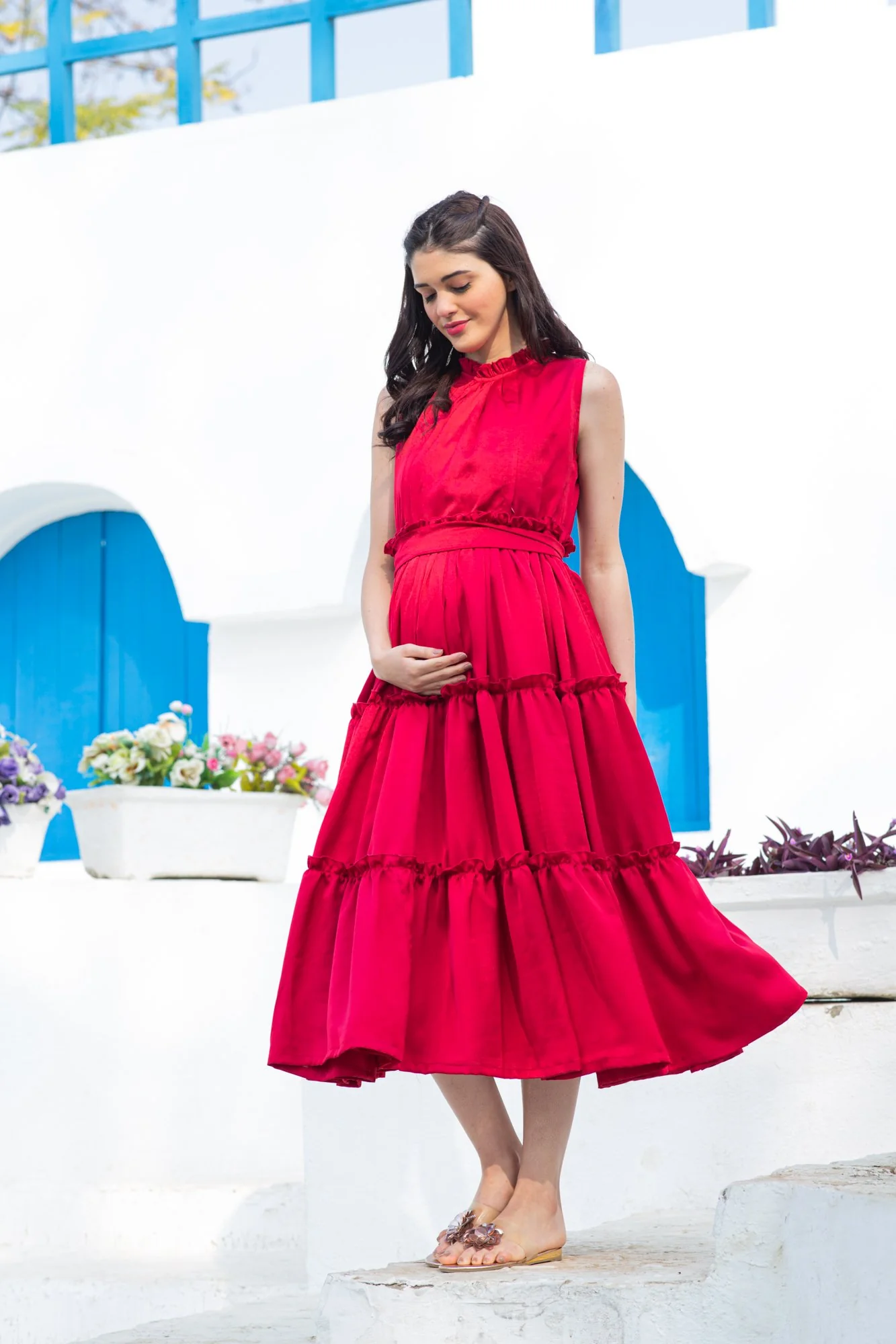Hot Red Maternity & Nursing Concealed Zips Frill Dress - Chenance