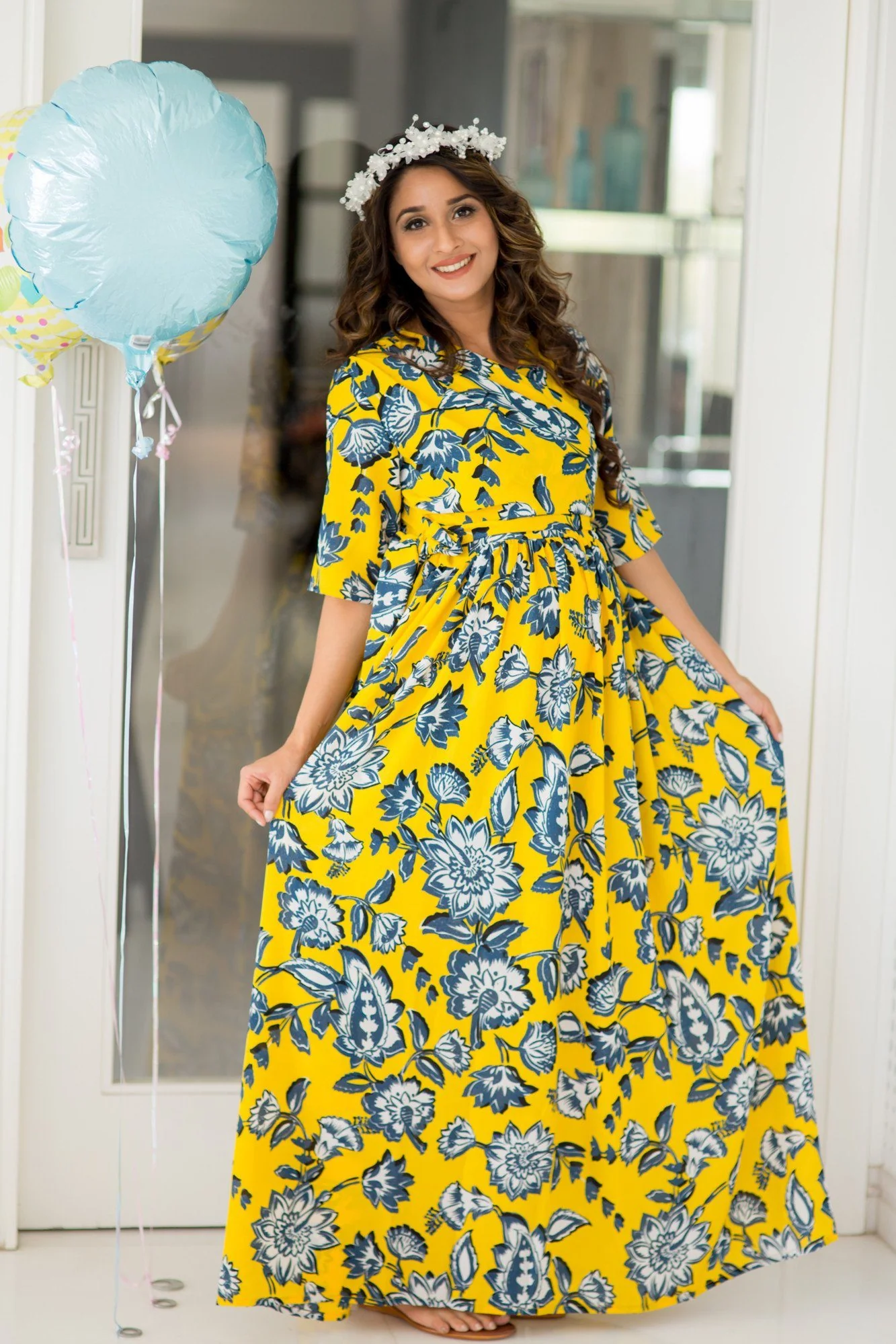 Happy Yellow Floral Maternity & Nursing Wrap Dress - Chenance