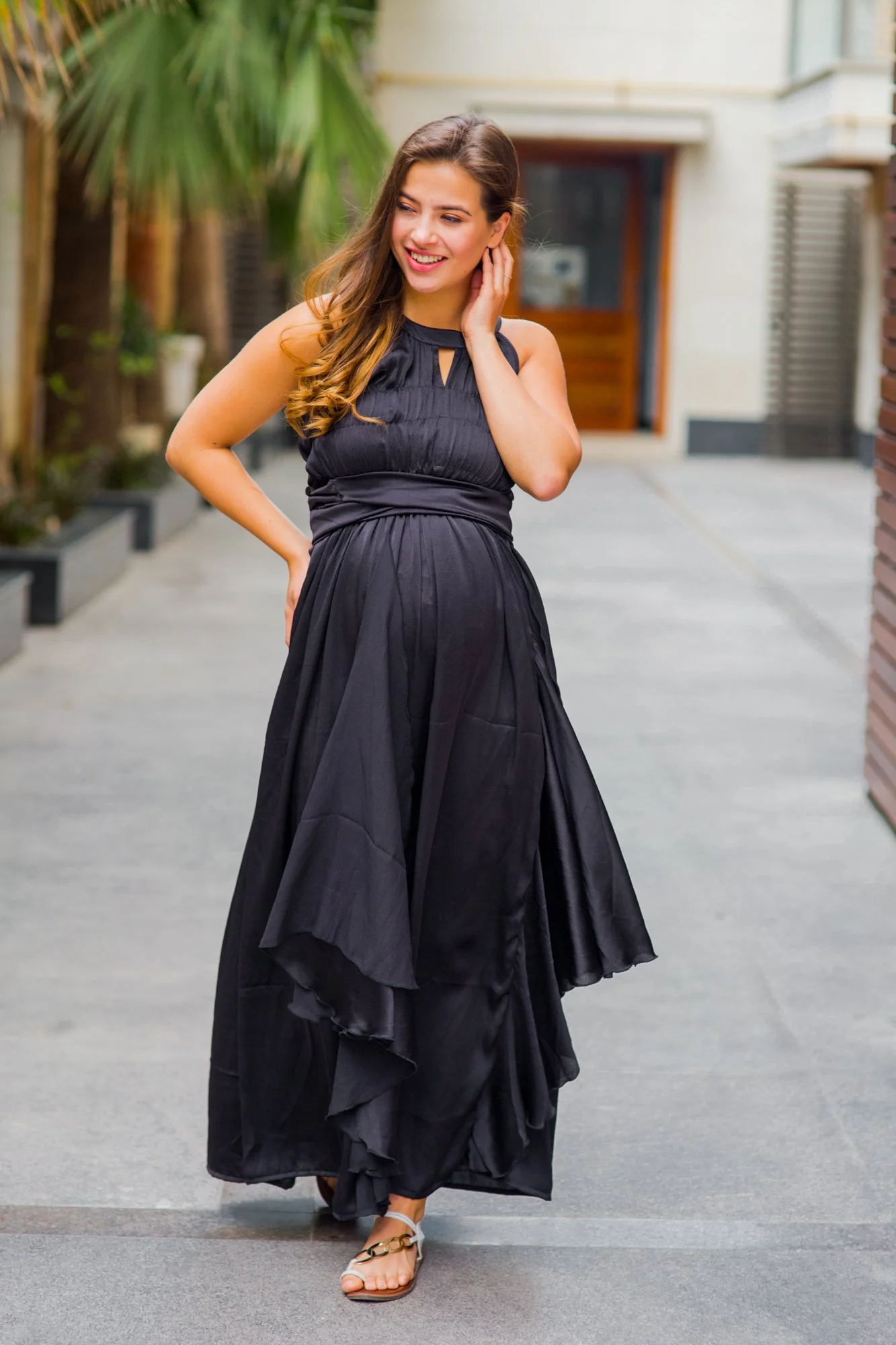 Luxe Noir Ruching Maternity Flow Dress - Chenance