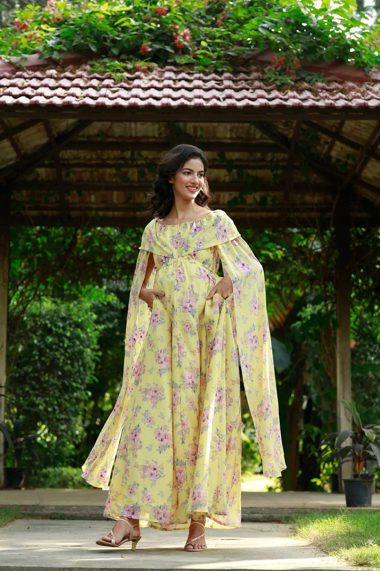 Lemon Pink Blossom Flying Sleeves Maternity & Nursing Dress - Chenance