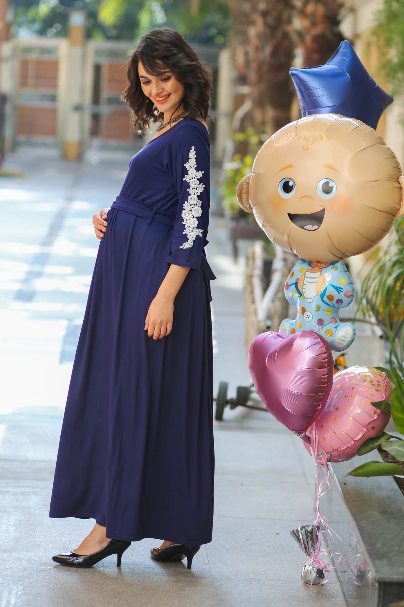 Regal Blue Lycra Crochet Sleeves Maternity Dress - Chenance