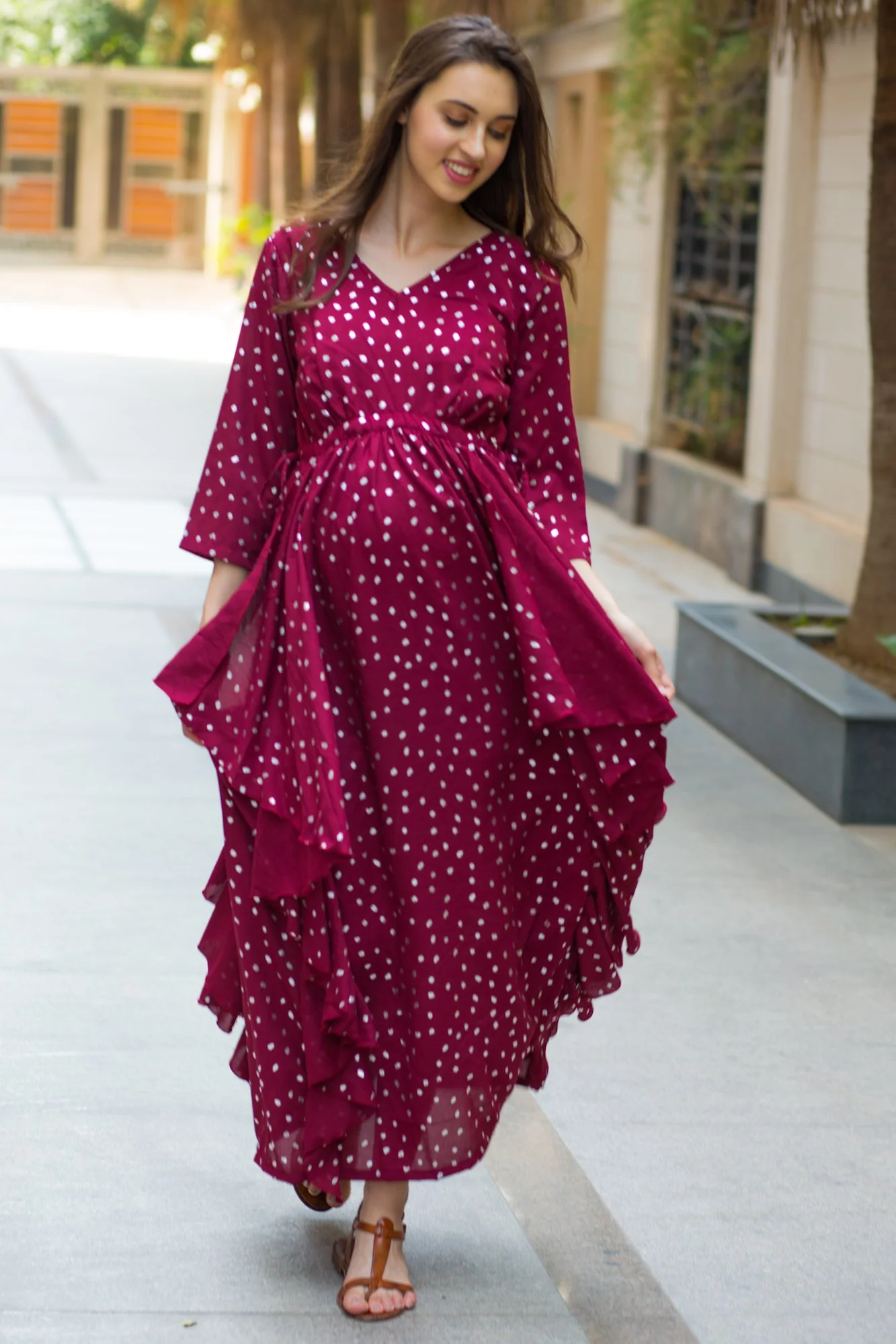 Burgundy Silver Embellished Maternity Flow Dress - Chenance