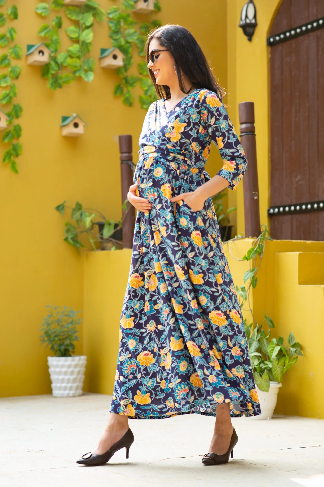 Navy Blossom Maternity & Nursing Wrap Dress - Chenance