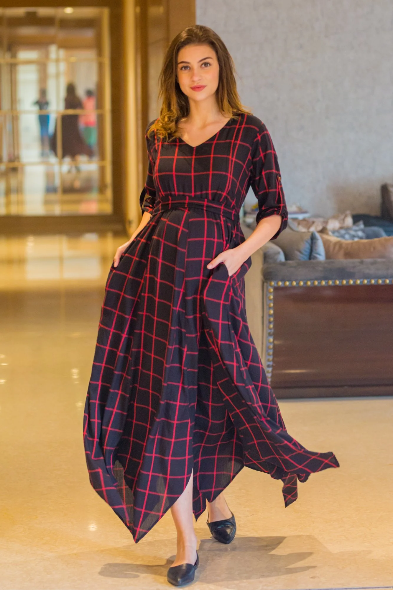 Elegance Check Maternity & Nursing Maxi Dress - Chenance