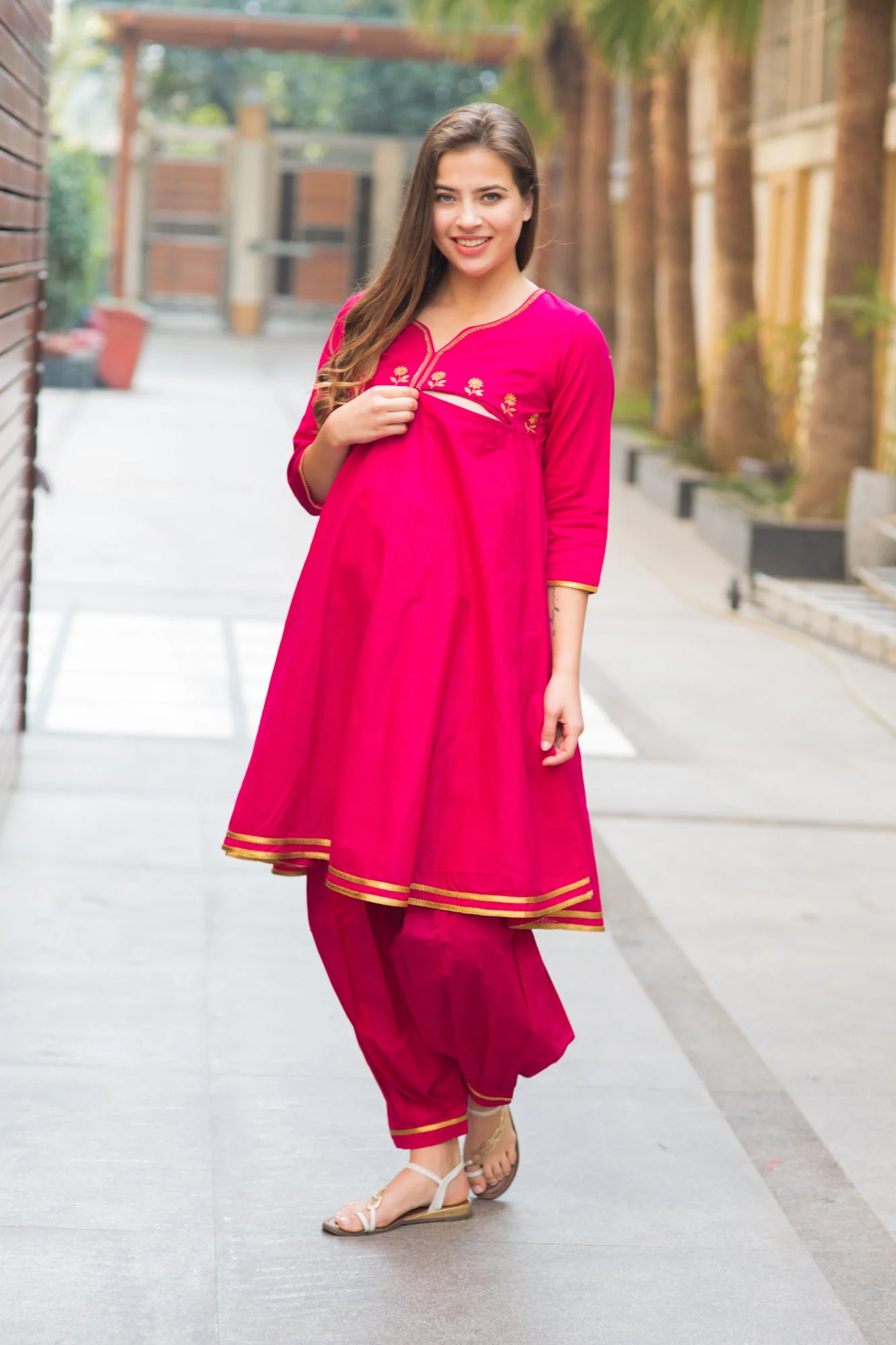 Premium Fuchsia Maternity & Nursing Kurta With Pleated Salwar (2 pc) - Chenance