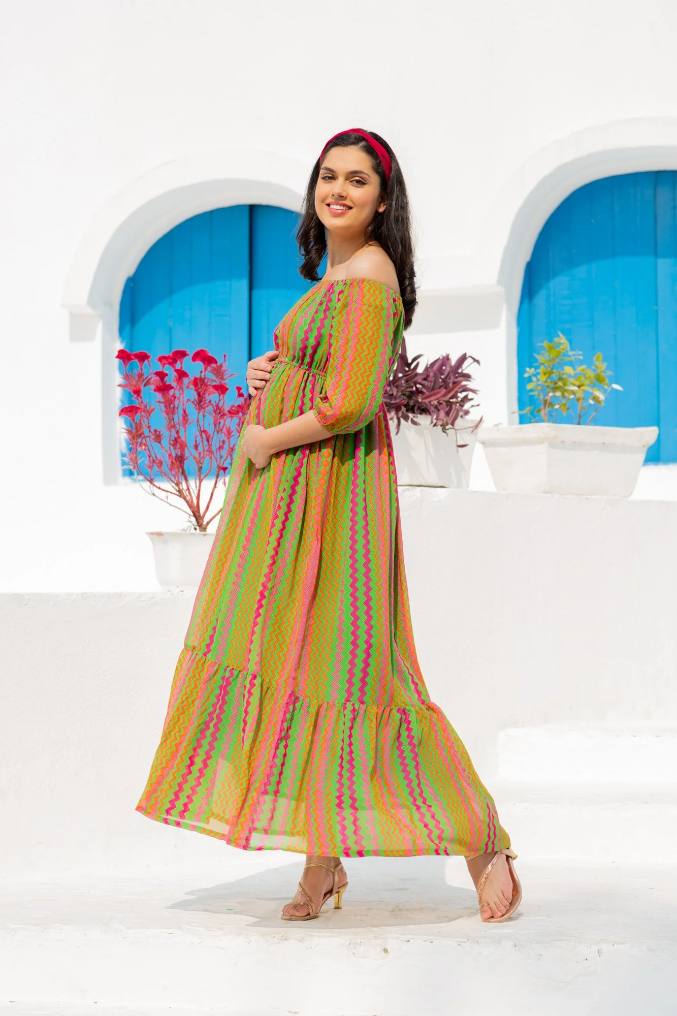 Flowy Dual Off-Shoulder Boat Neck Maternity & Nursing Maxi Dress - Chenance