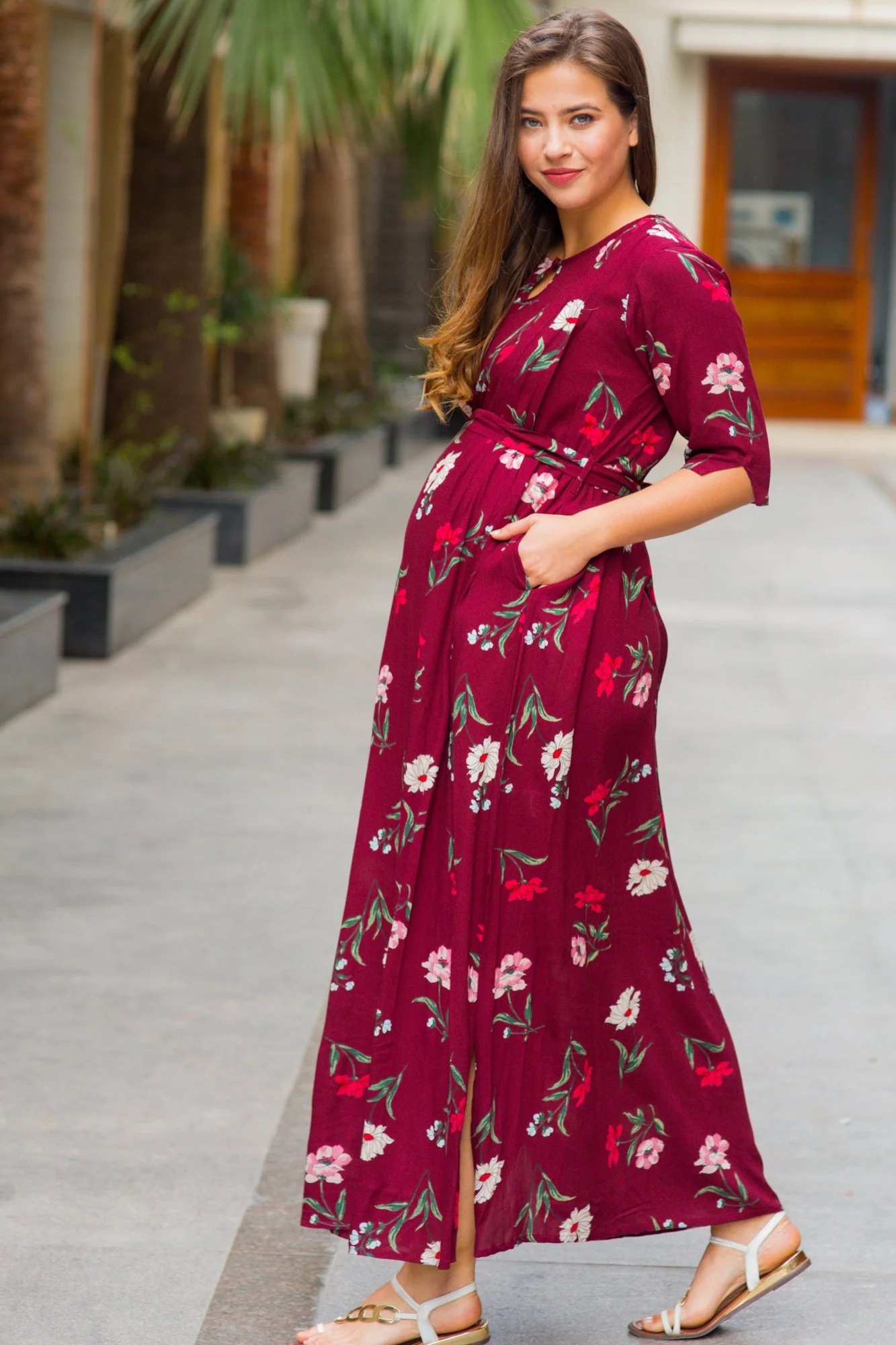 Burgundy Floral Side Slit Concealed Zips Feeding Dress - Chenance