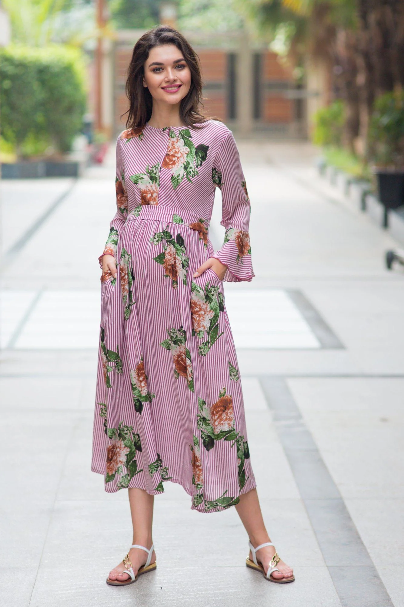 Striped Floral Boho Maternity & Nursing Dress - Chenance