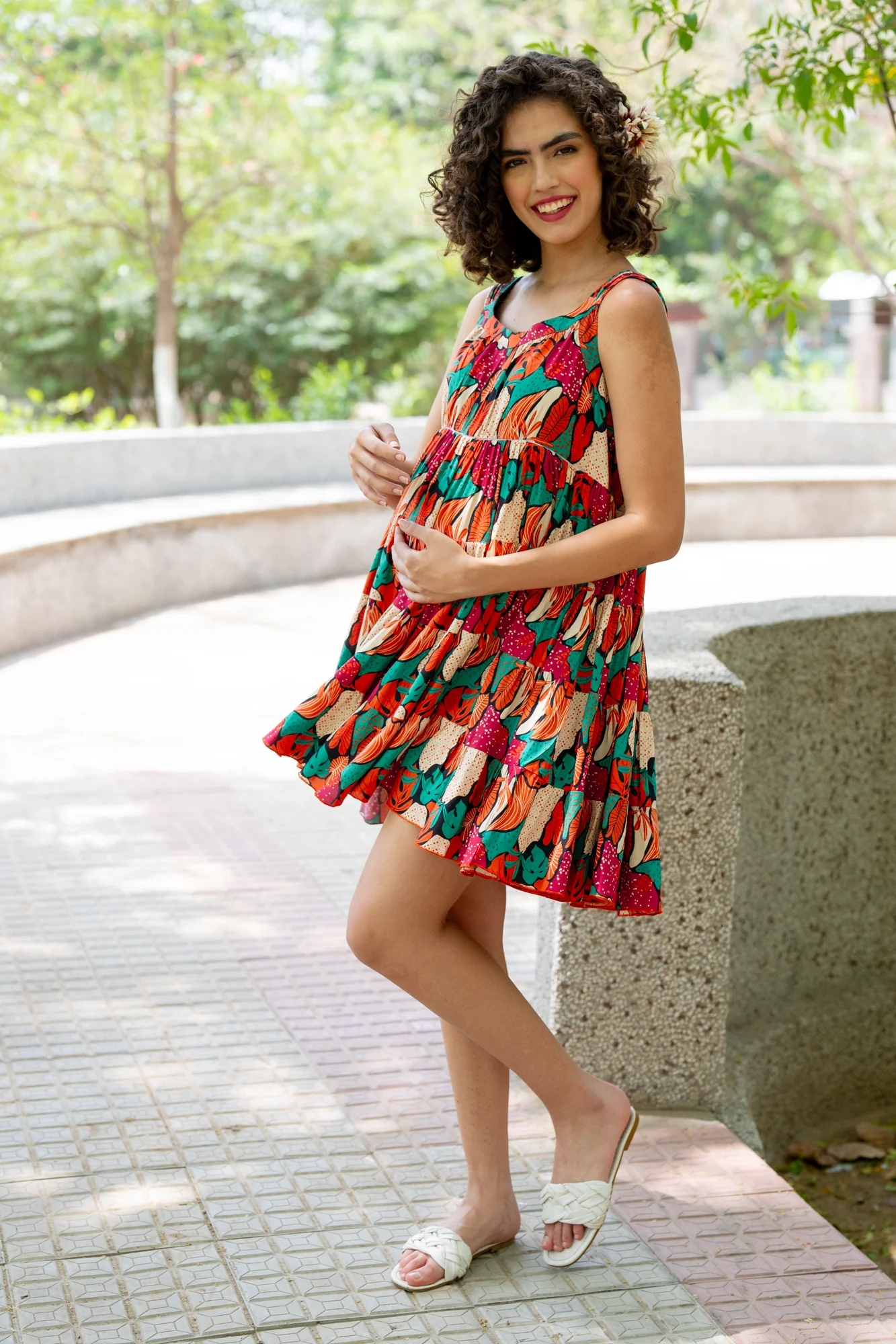 Retro Fruit Punch Maternity & Nursing Tiered Knee Dress - Chenance