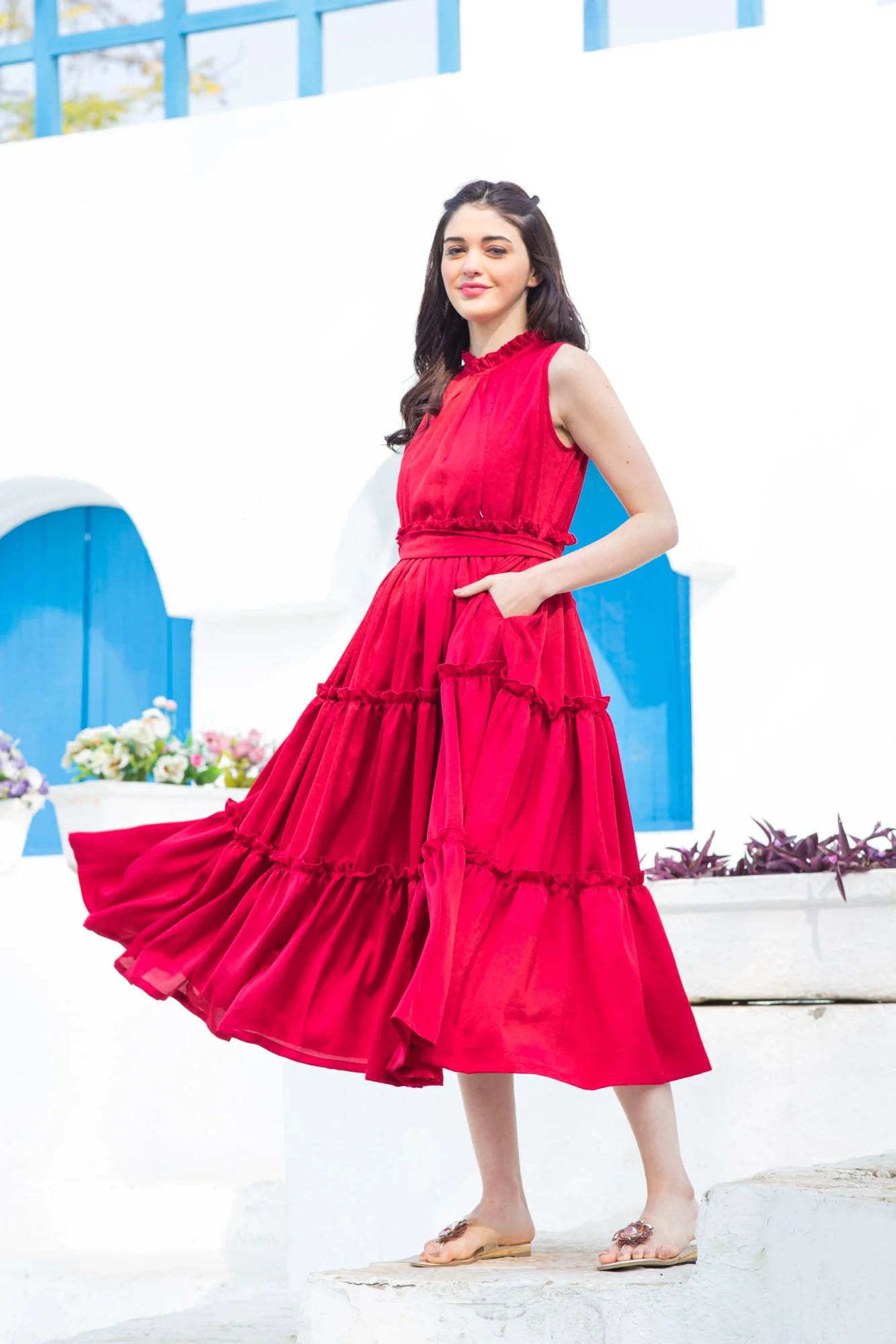 Hot Red Maternity & Nursing Concealed Zips Frill Dress - Chenance