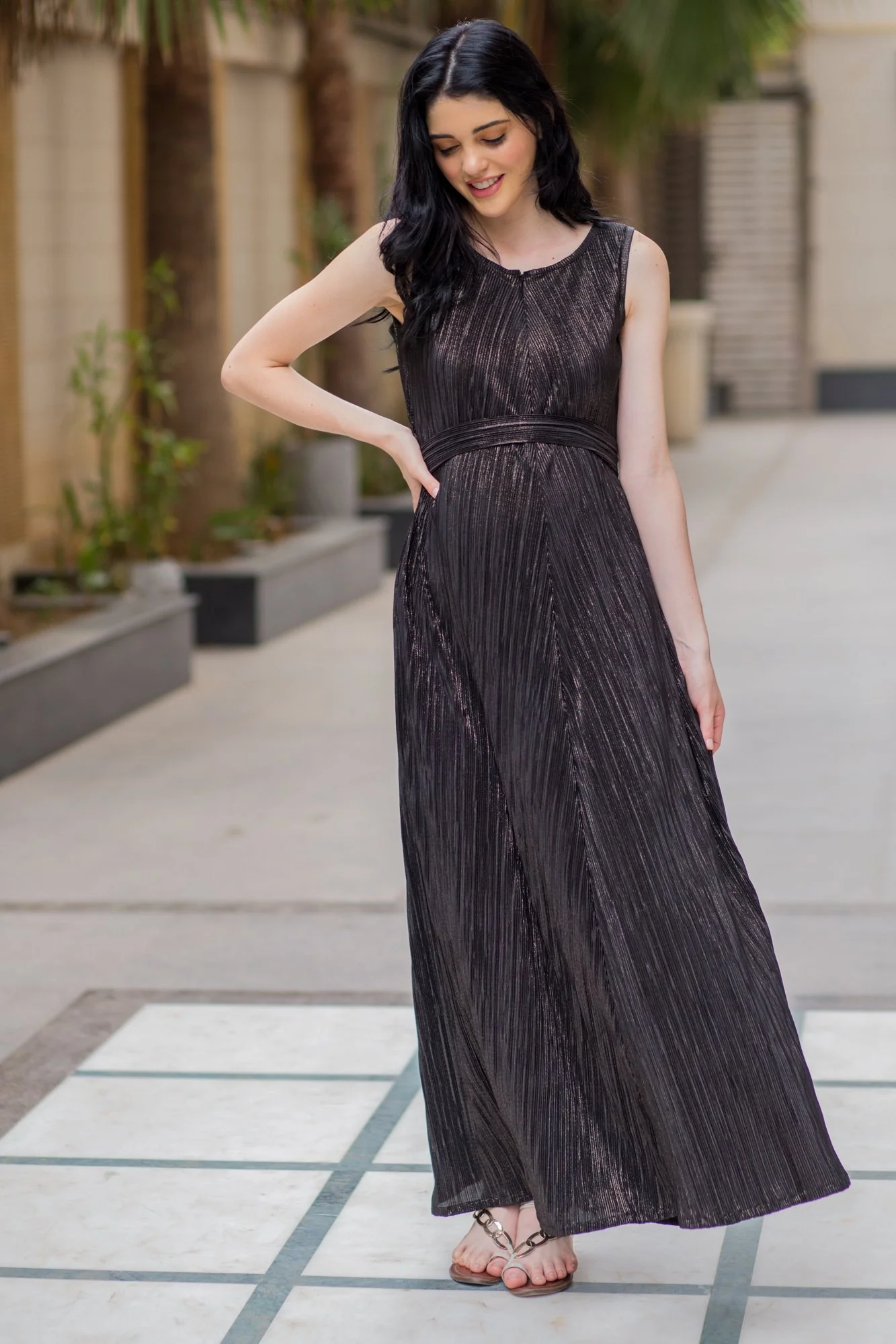 Exclusive Black Gold Pleated Maternity & Nursing Dress - Chenance