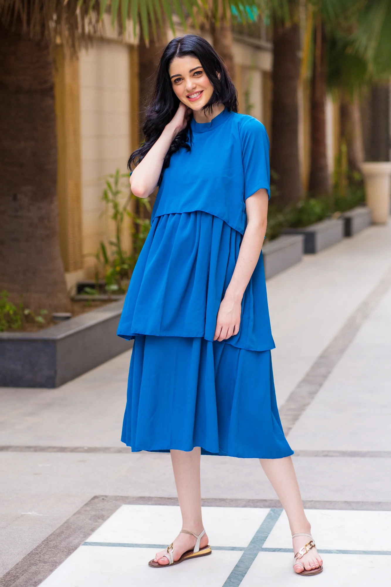 Teal Blue Layered Maternity & Nursing Dress - Chenance