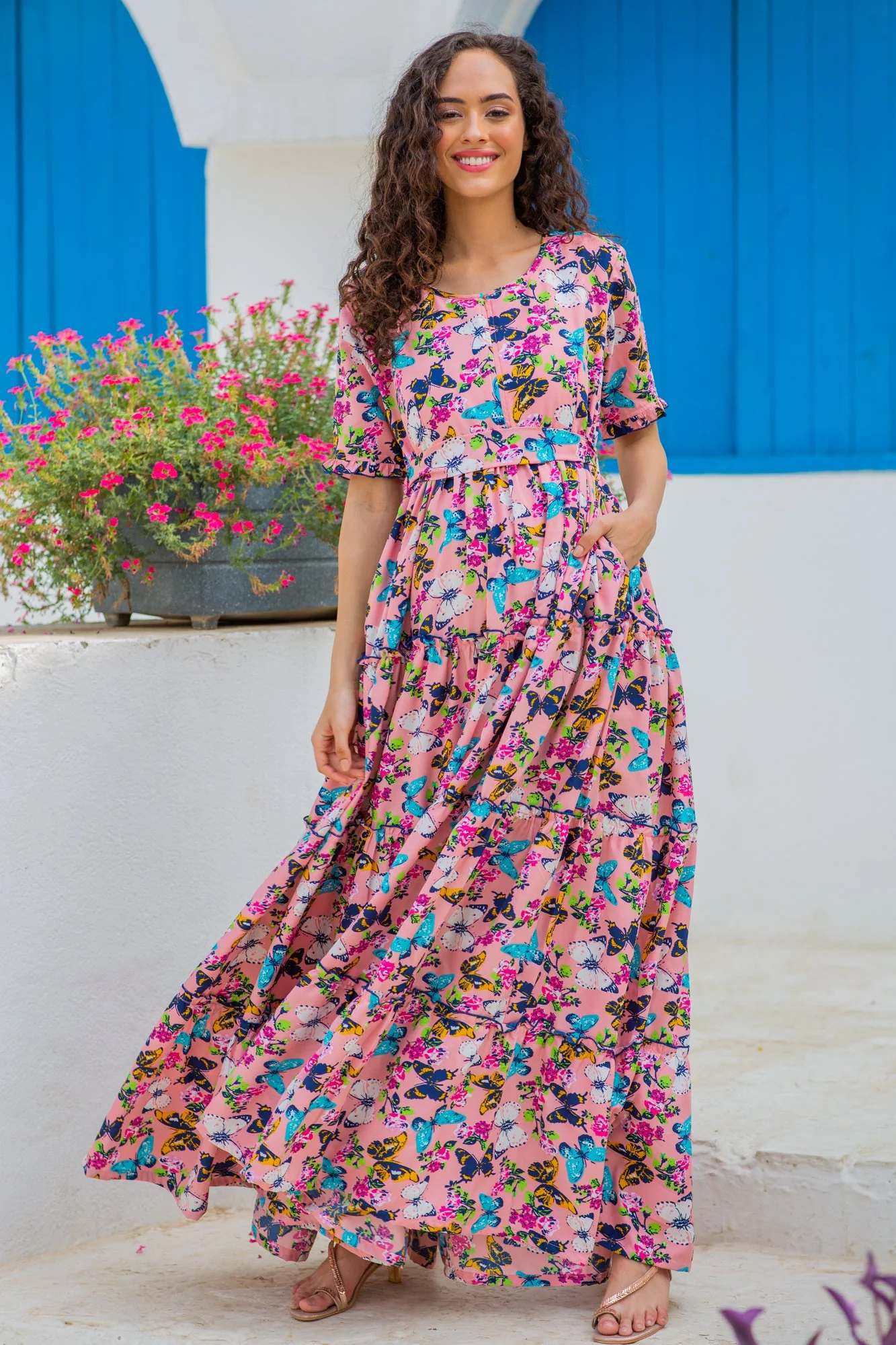 Jolly Butterflying Pink Multilayer Frill Single Concealed Zip Maternity & Nursing Dress - Chenance