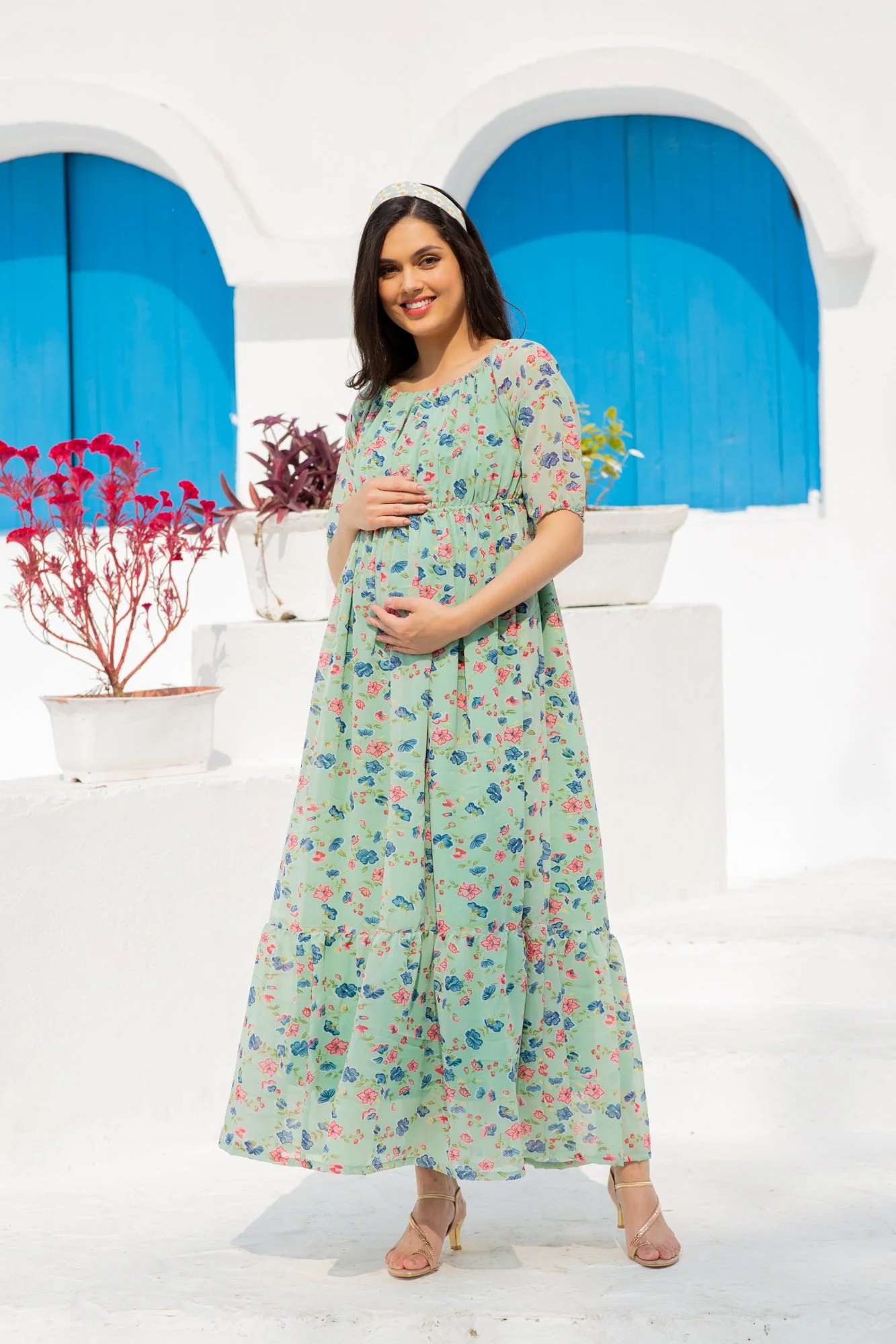 Mint Green Floral Dual Off-Shoulder Boat Neck Maternity & Nursing Maxi Dress - Chenance