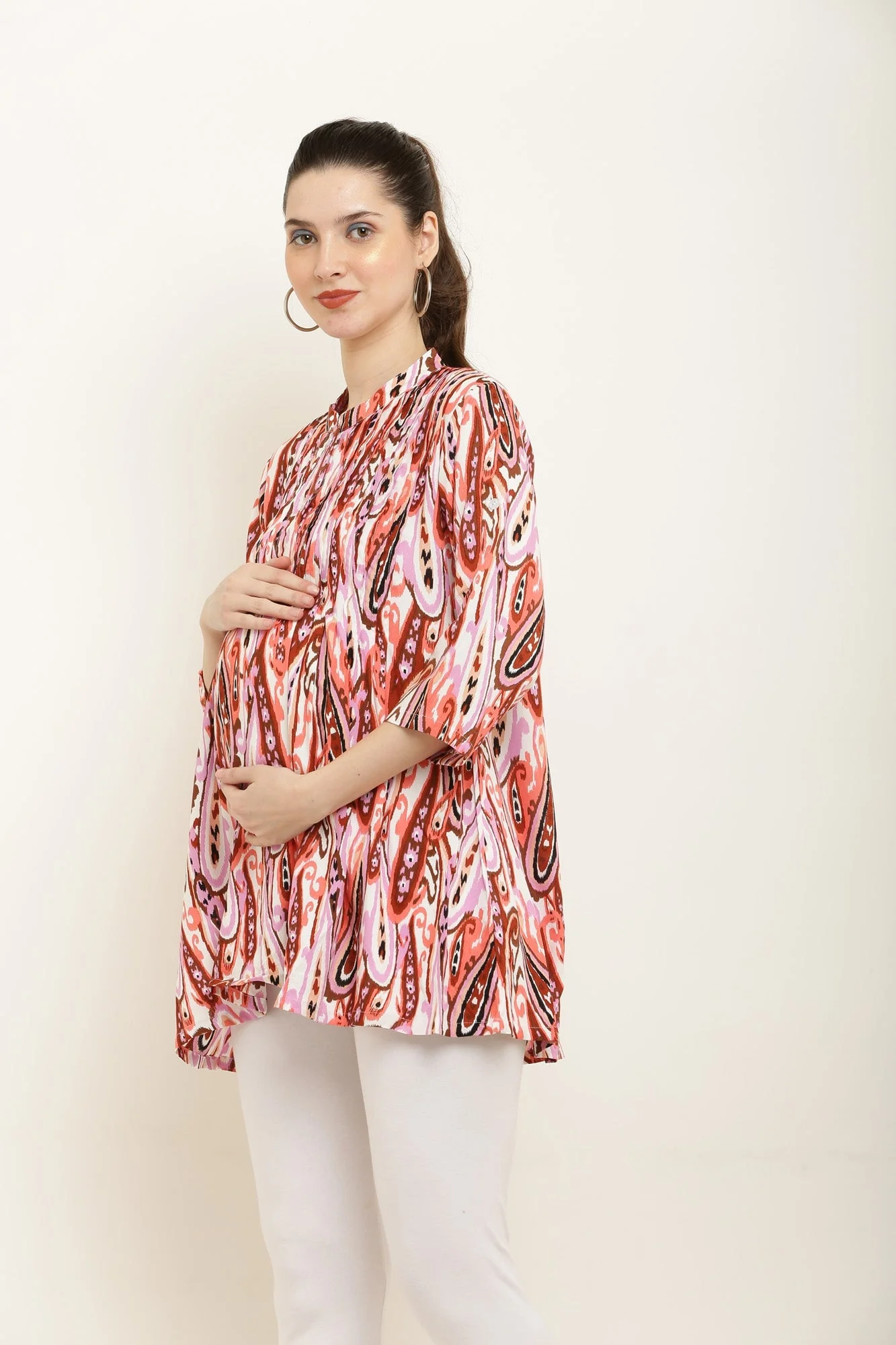 Pinky Red Paisley Maternity & Nursing Pintucks Top - Chenance