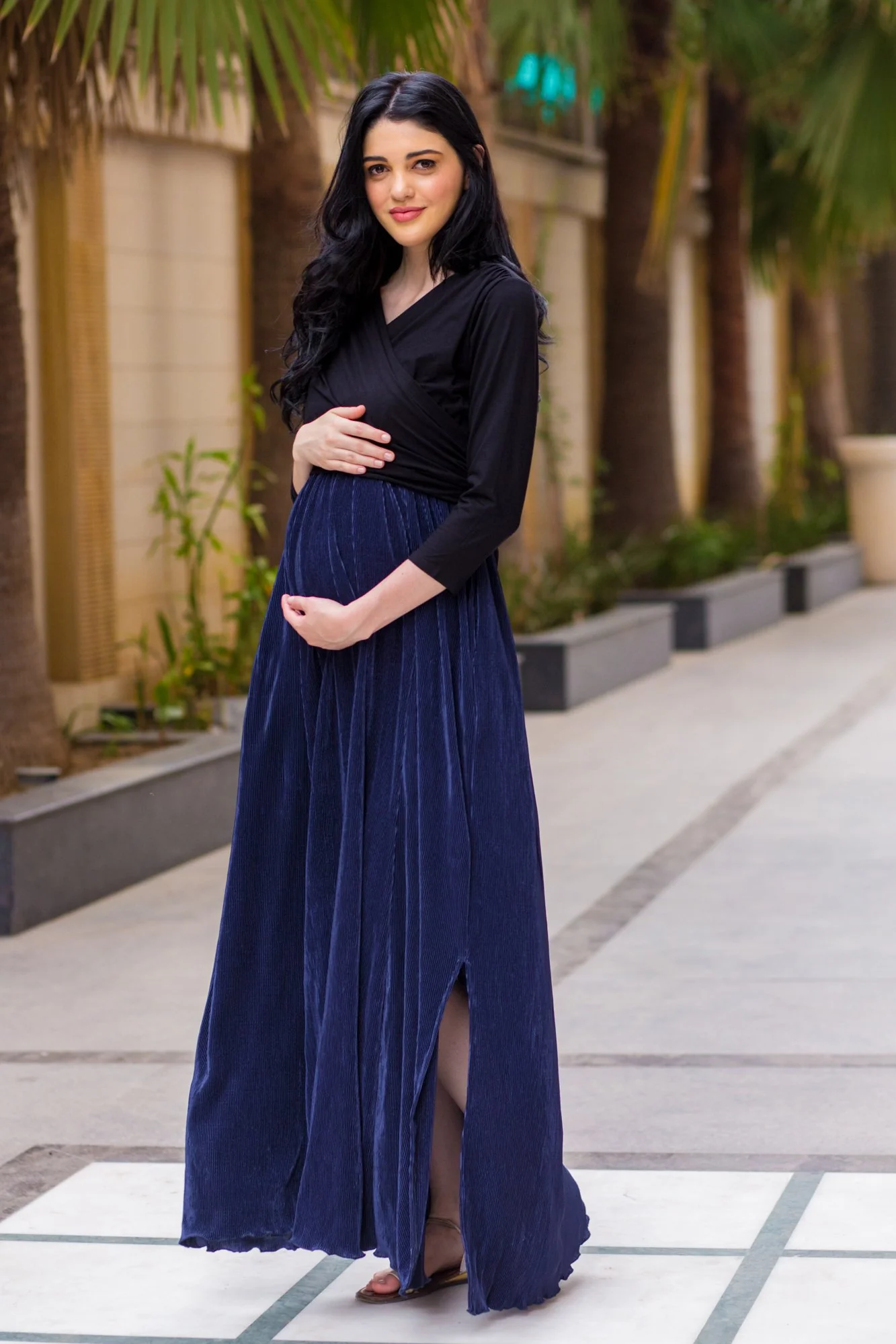Luxe Navy Pleated & Nursing Wrap Dress - Chenance