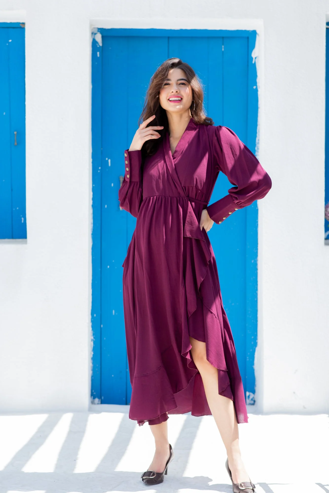 Pretty Wine Maternity & Nursing Hi-Low Frill Dress - Chenance