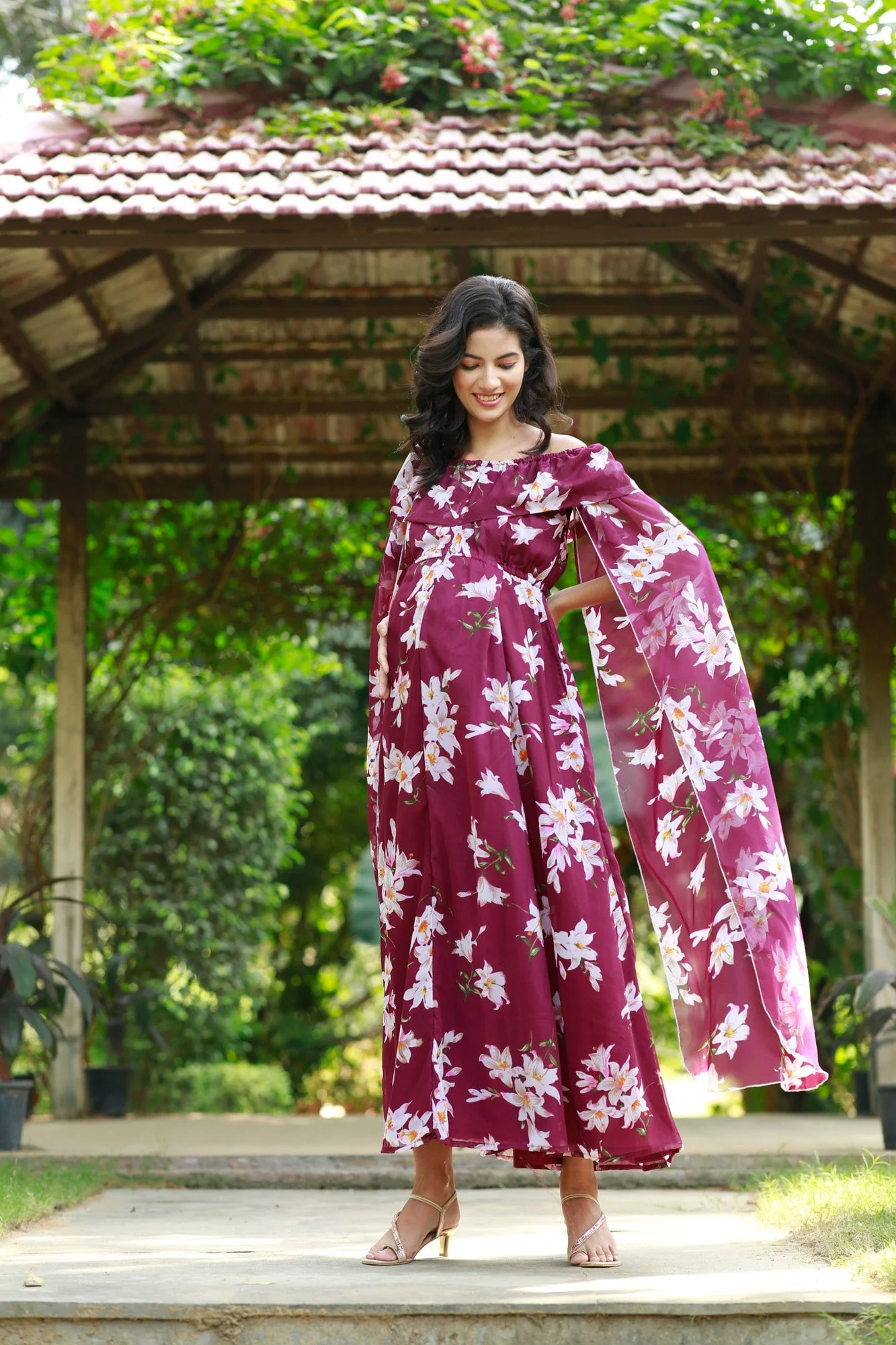 Burgundy Cascading Floral Flying Sleeves Maternity & Nursing Dress - Chenance