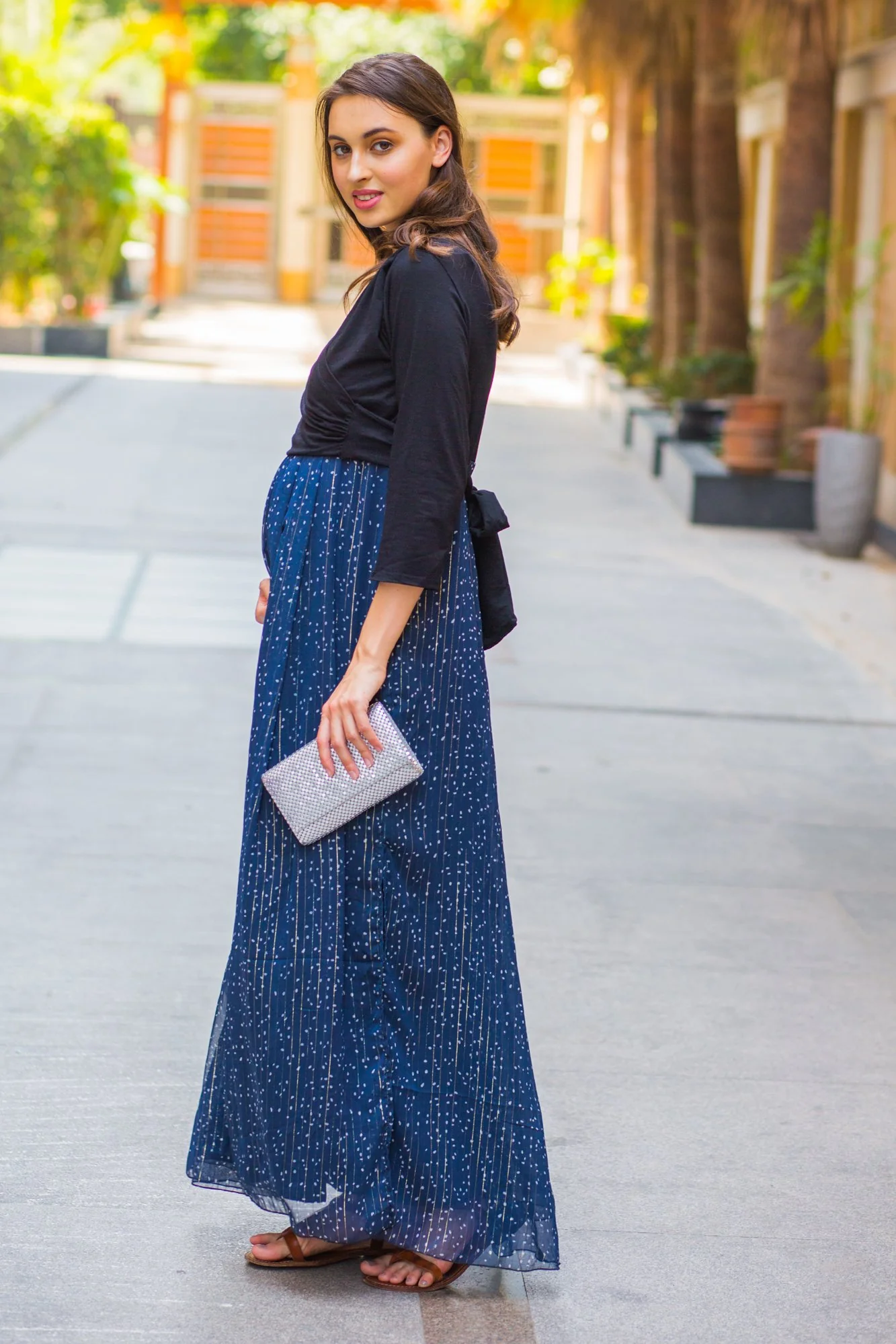 Luxe Blue Chiffon Black Maternity & Nursing Wrap Dress - Chenance