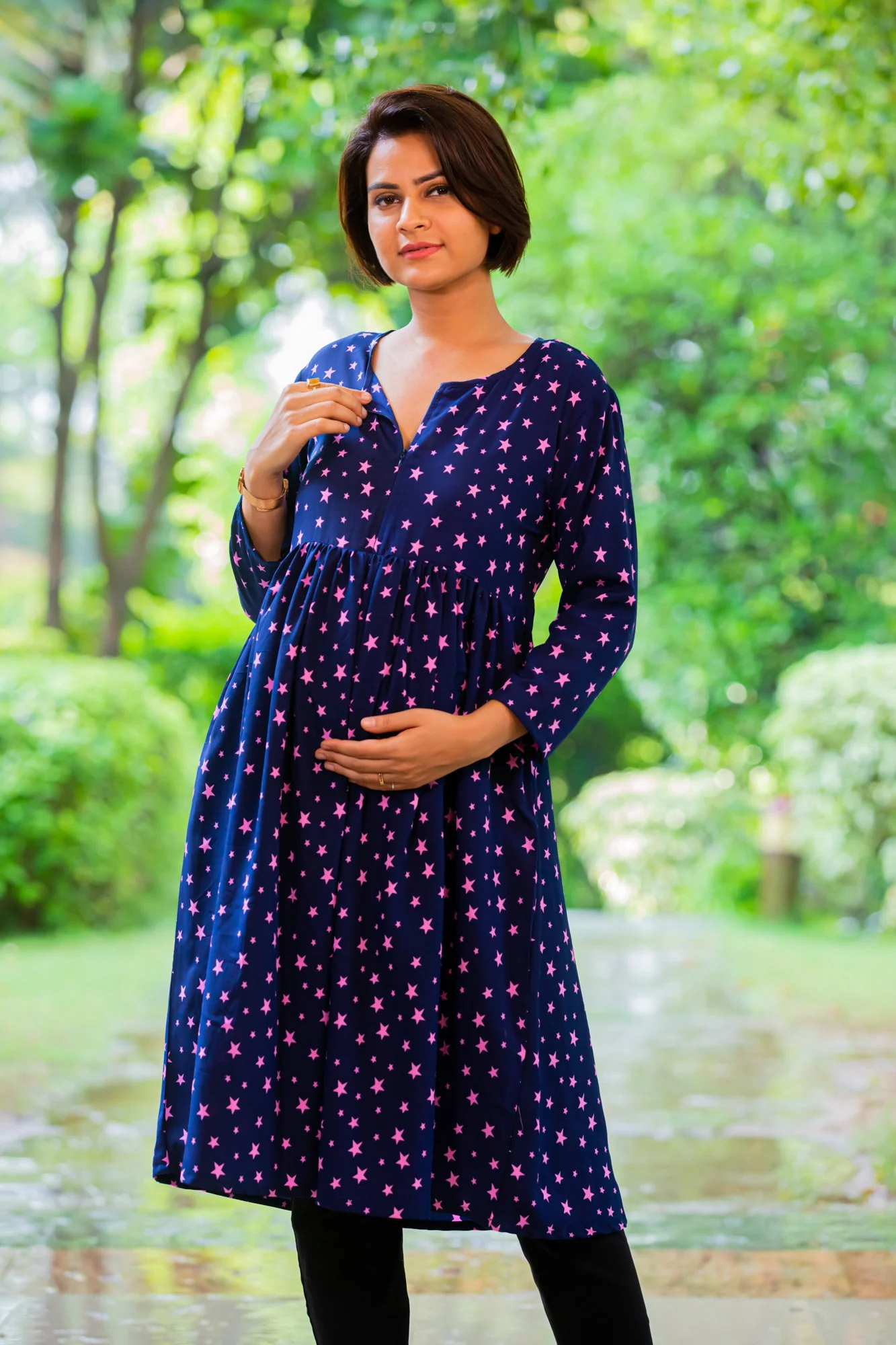 Starry Blue Maternity & Nursing Crepe Swing Dress - Chenance