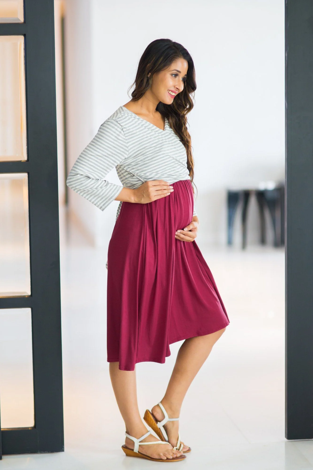 Grey Striped & Wine Wrap Tie Maternity & Nursing Dress - Chenance