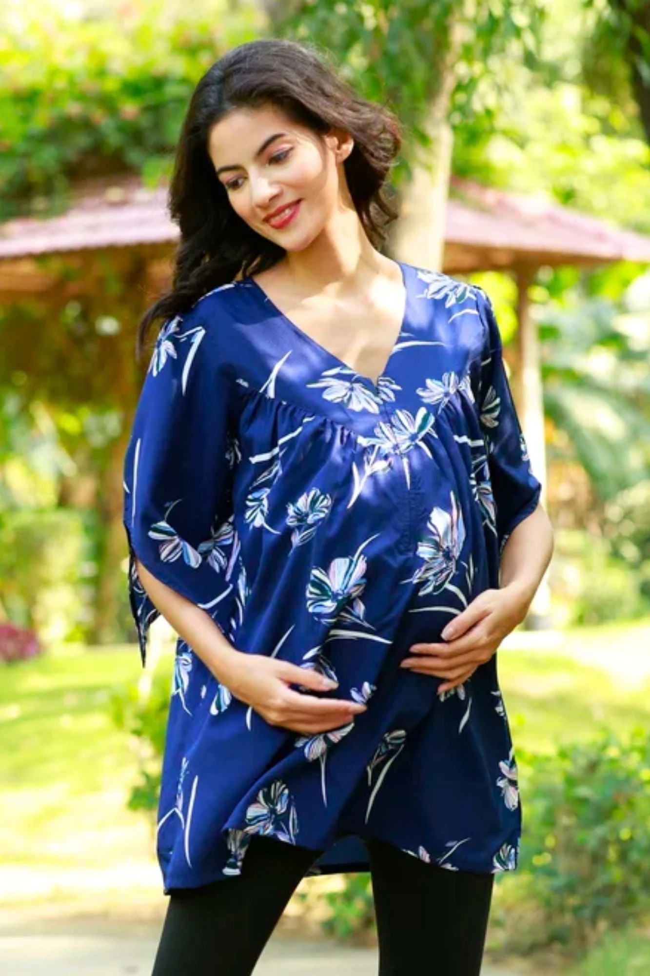 Serene Navy Blue Gathered Maternity & Nursing Top - Chenance